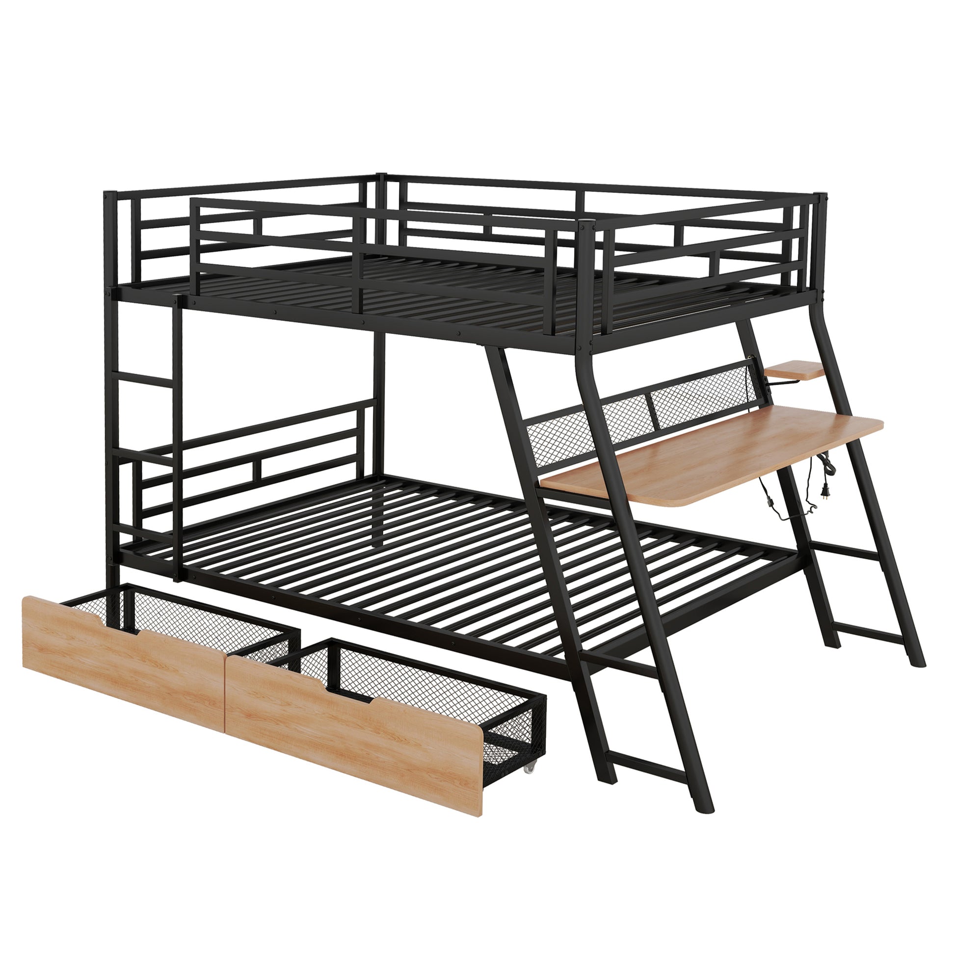 Full Size Metal Bunk Bed With Built In Desk,