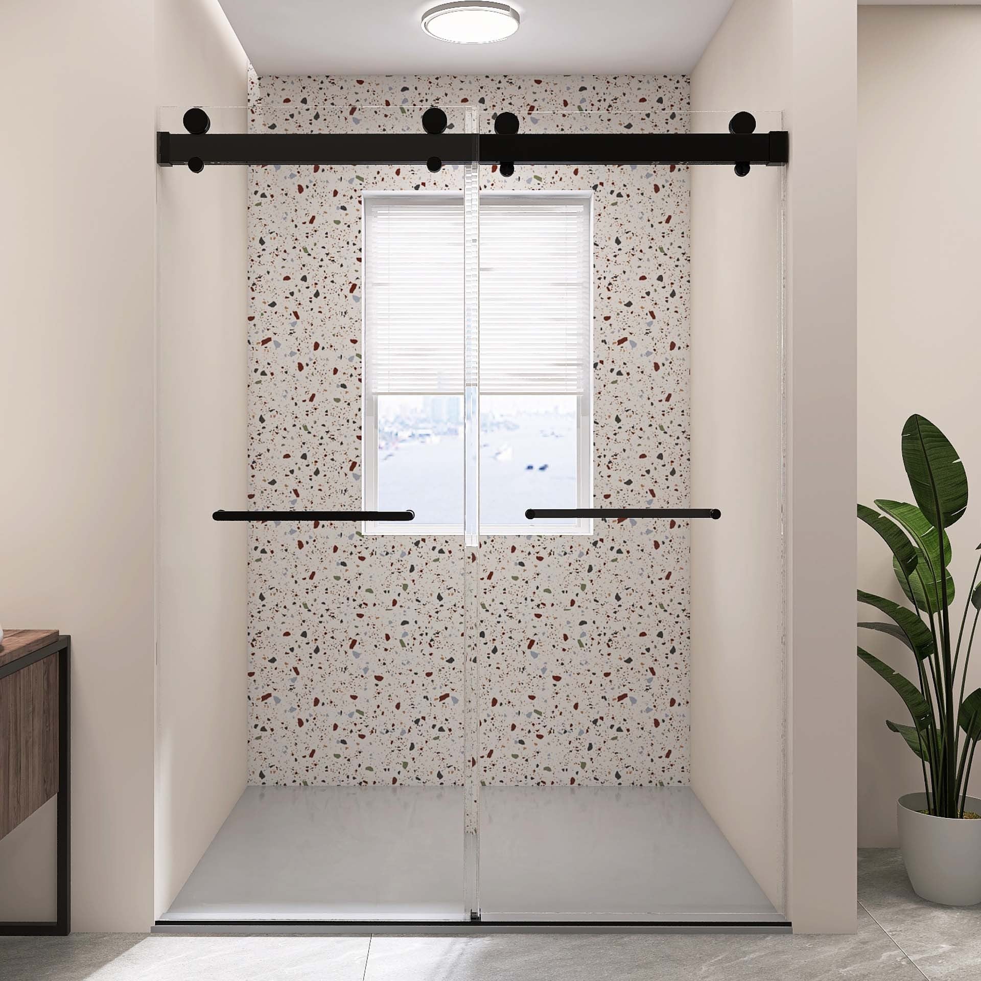 Frameless Double Sliding Shower, 69" 72" Width, 79" matte black-glass