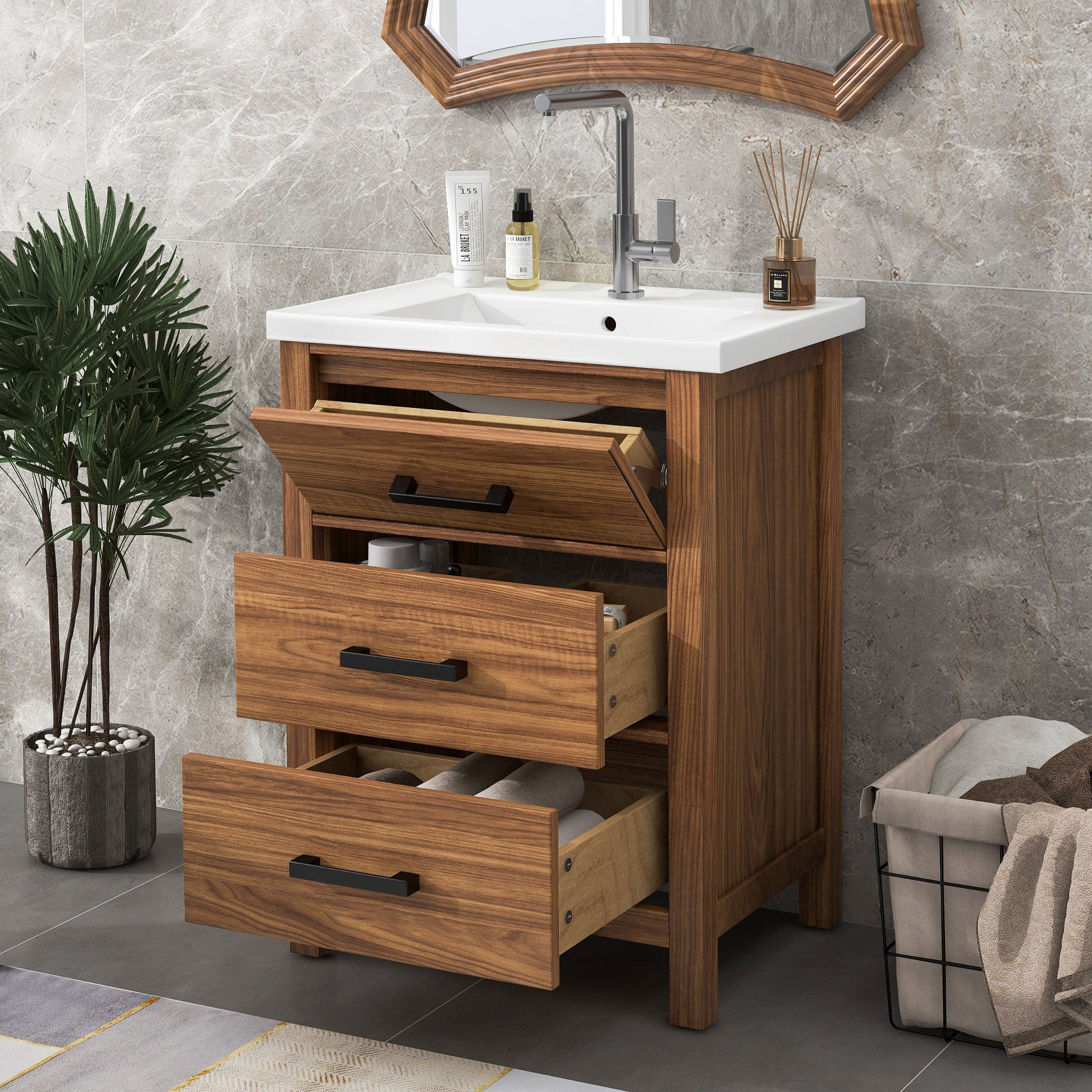 24'' Bathroom Vanity with Ceramic Basin Sink,