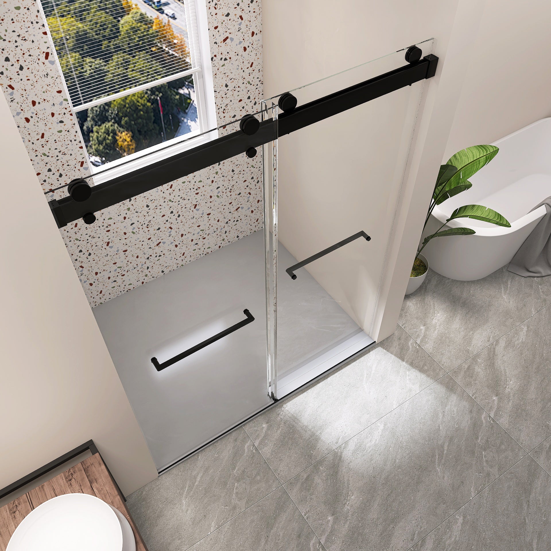 Frameless Double Sliding Shower, 69" 72" Width, 79" matte black-glass