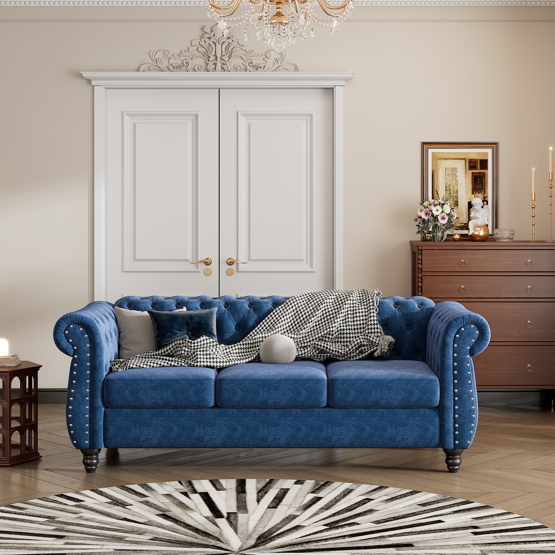 82" modern sofa Dutch plush upholstered sofa, solid blue-foam-polyester