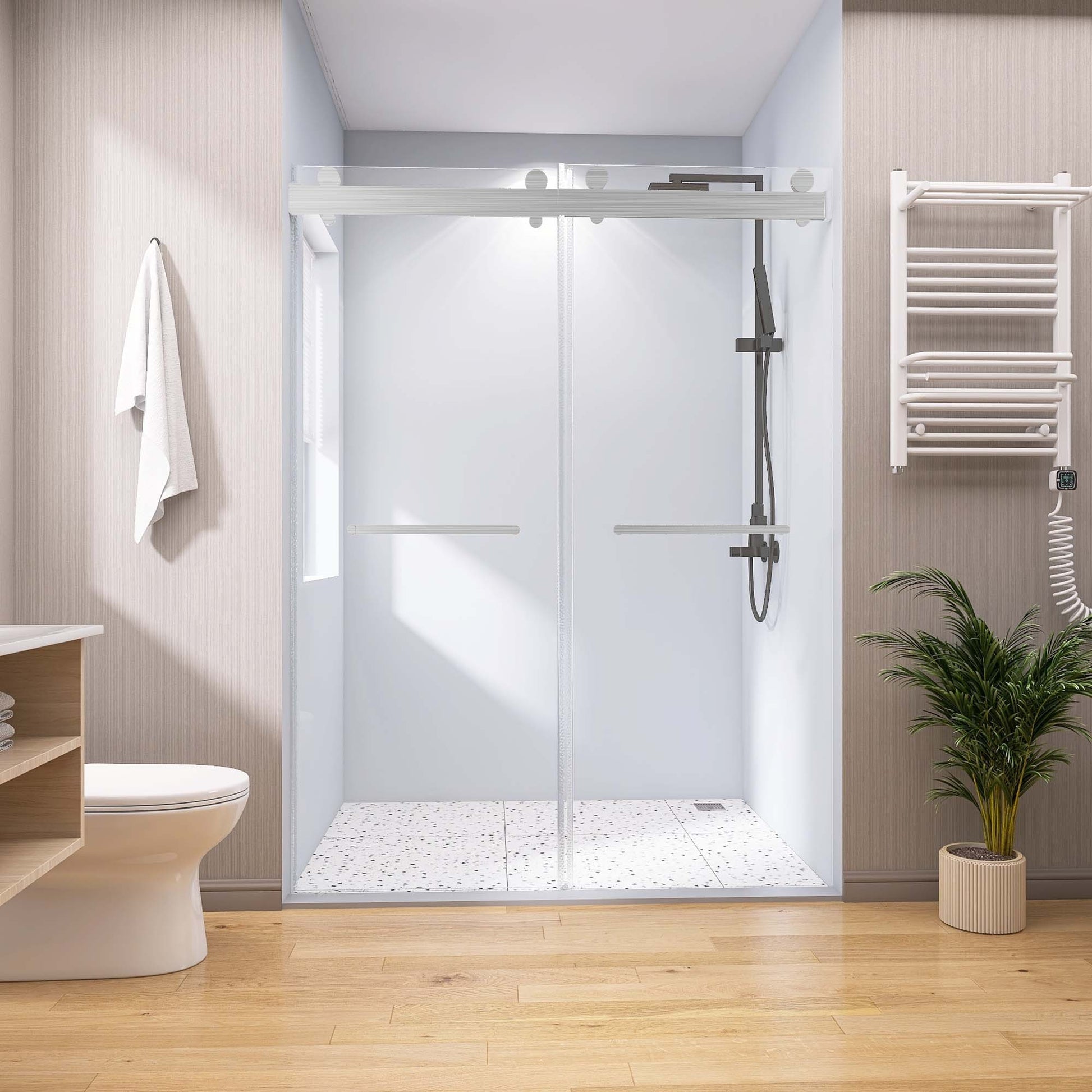 Frameless Double Sliding Shower, 69" 72" Width, 79" brushed nickel-glass