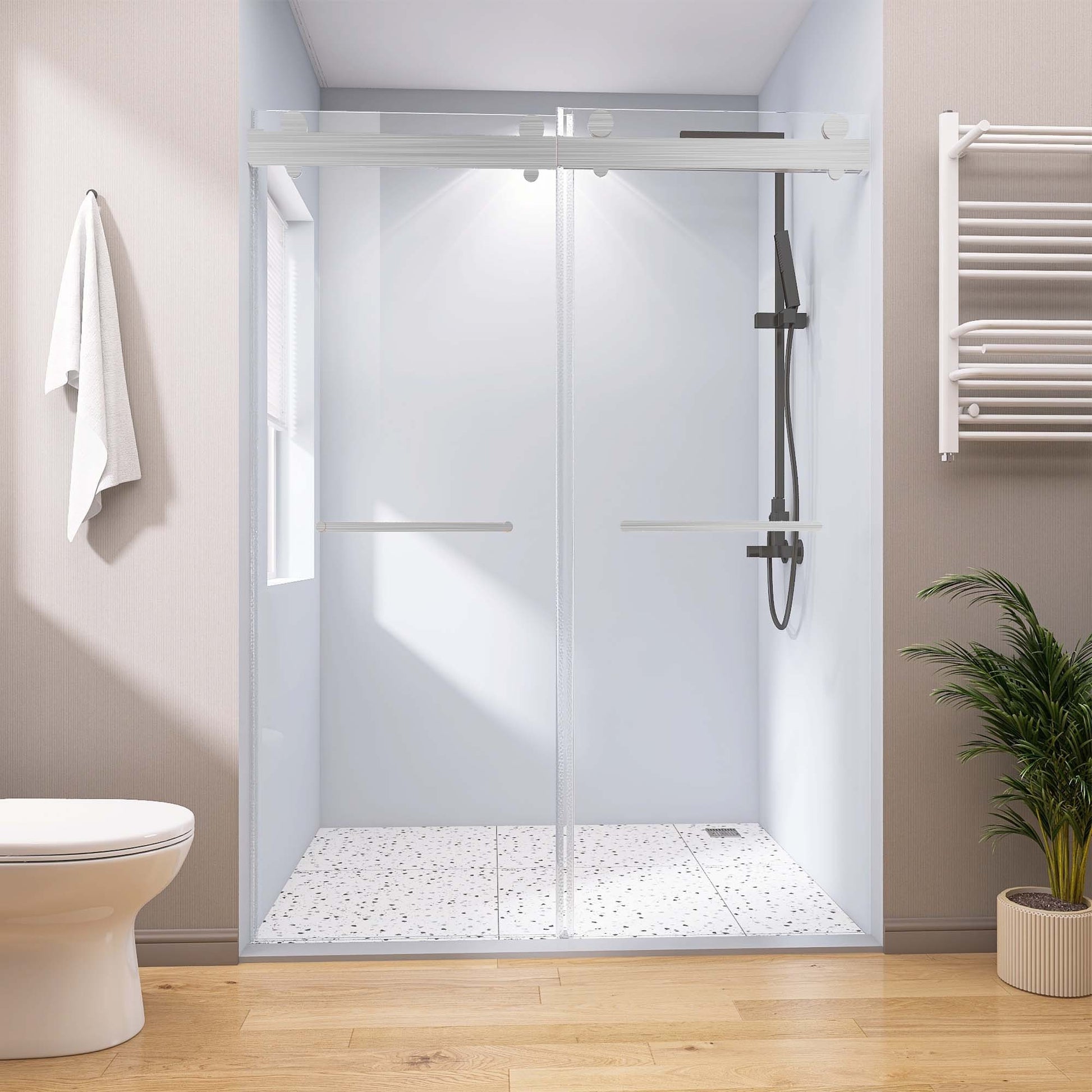 Frameless Double Sliding Shower, 69" 72" Width, 79" brushed nickel-glass