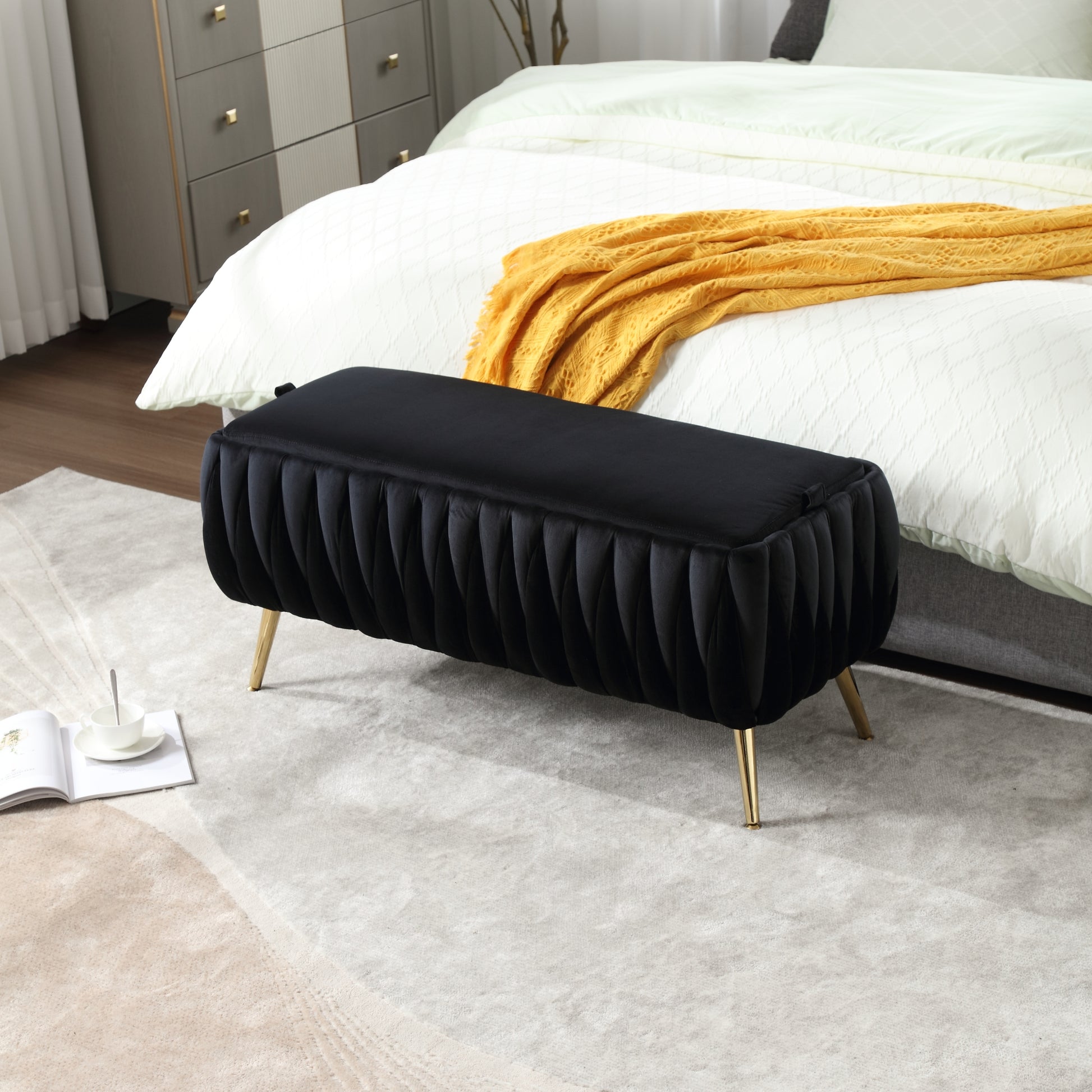 COOLMORE Storage Ottoman,Bedroom End Bench,Upholstered black-velvet