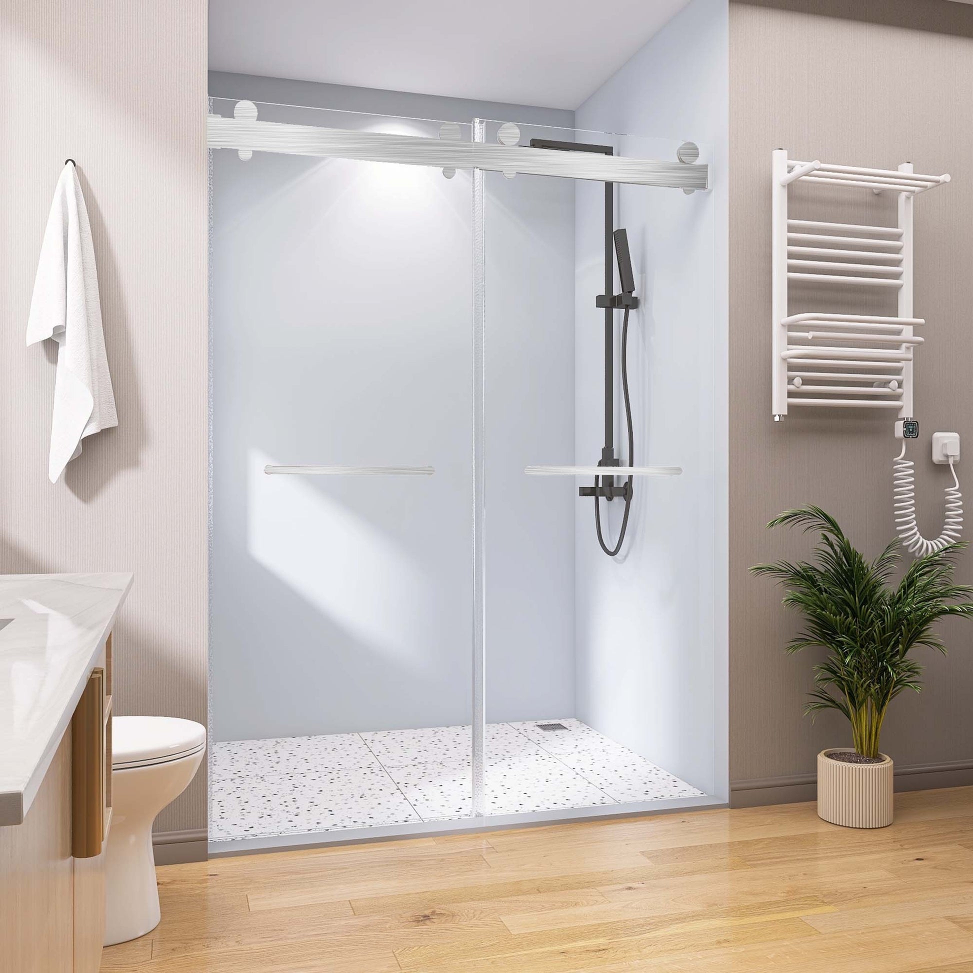 Frameless Double Sliding Shower, 69" 72" Width, 79" brushed nickel-glass