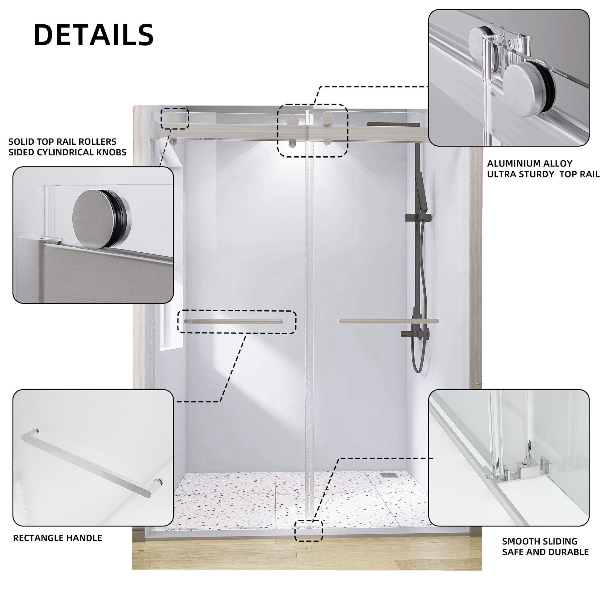 Frameless Double Sliding Shower, 69" 72" Width, 79" brushed nickel-glass