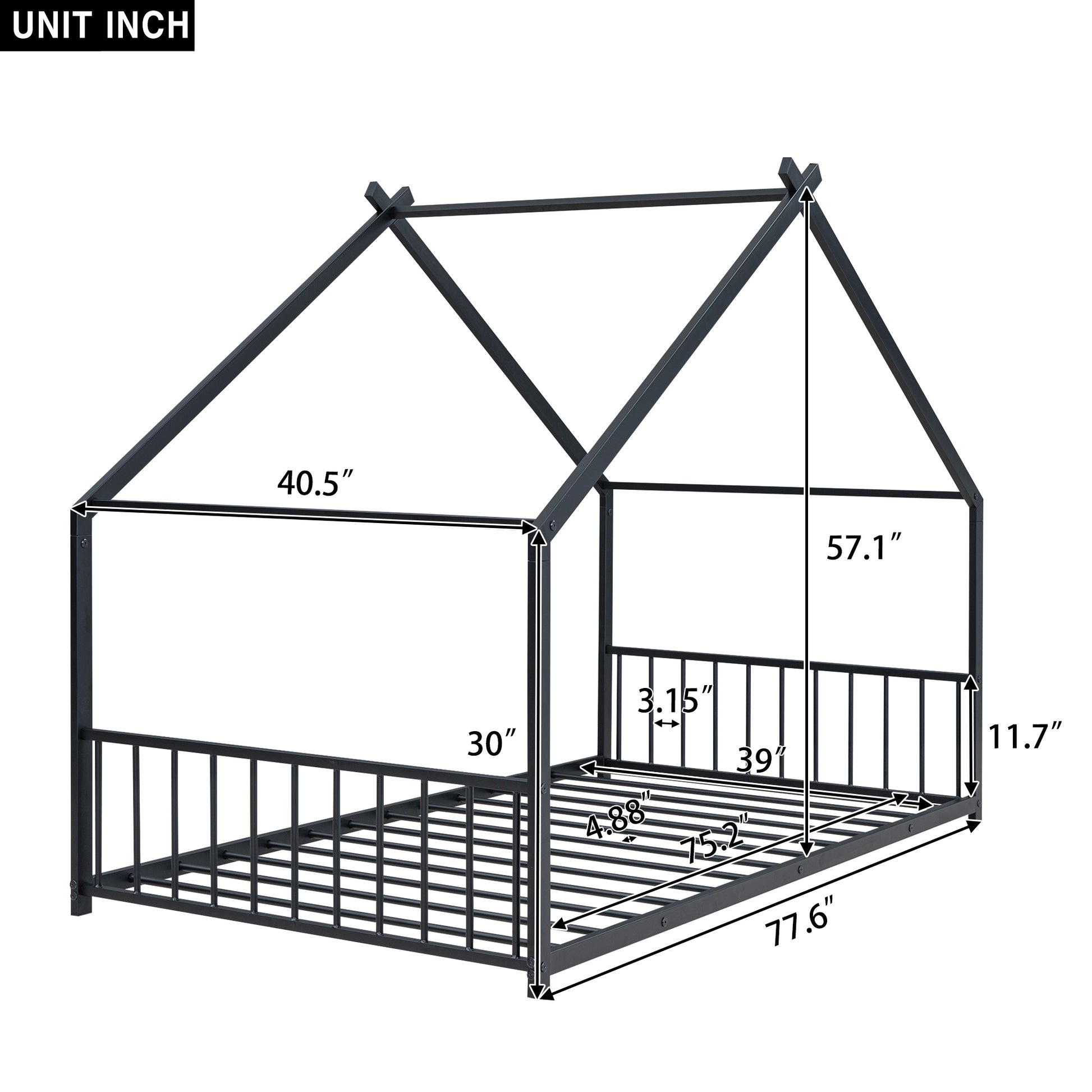 Twin Size Metal House Bed, Black - Black Metal