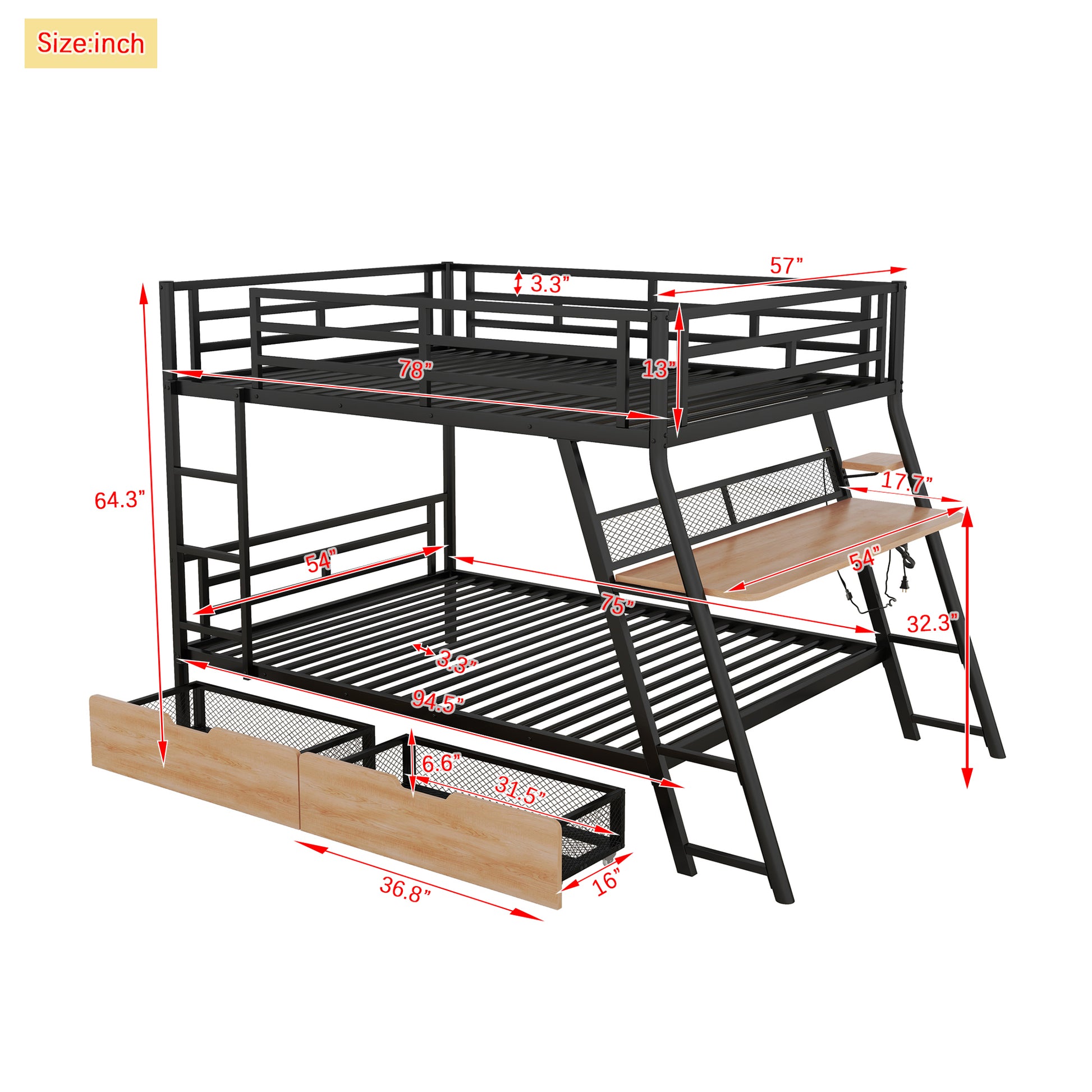 Full Size Metal Bunk Bed With Built In Desk,