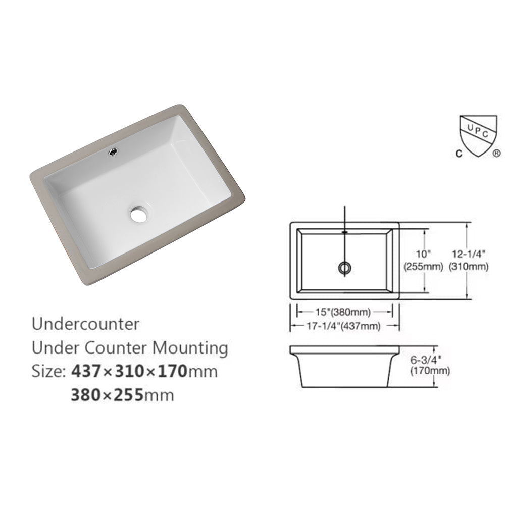 18"x12" White Ceramic Rectangular Undermount Bathroom white-ceramic