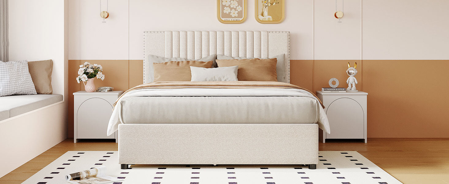 Full Size Upholstered Platform Bed With 2 Drawers