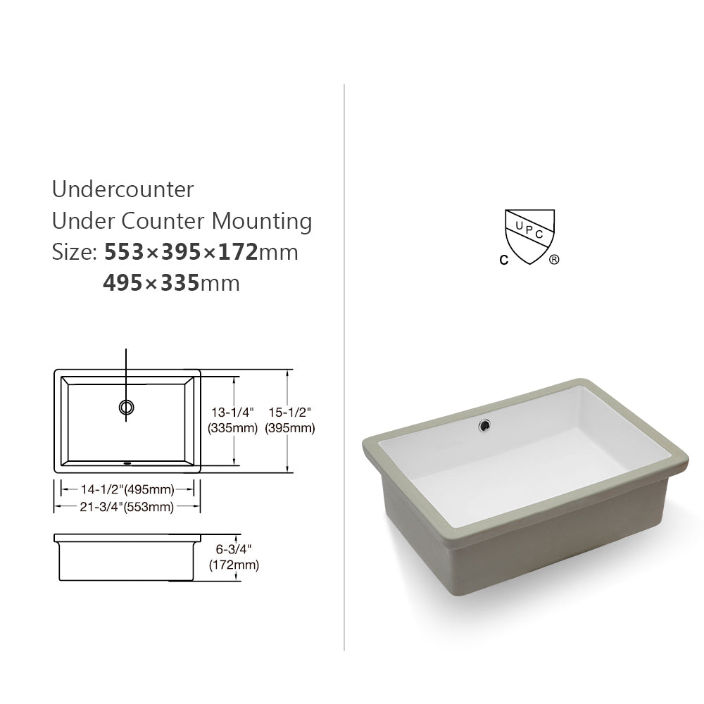 22"x15.5" White Ceramic Rectangular Undermount white-ceramic