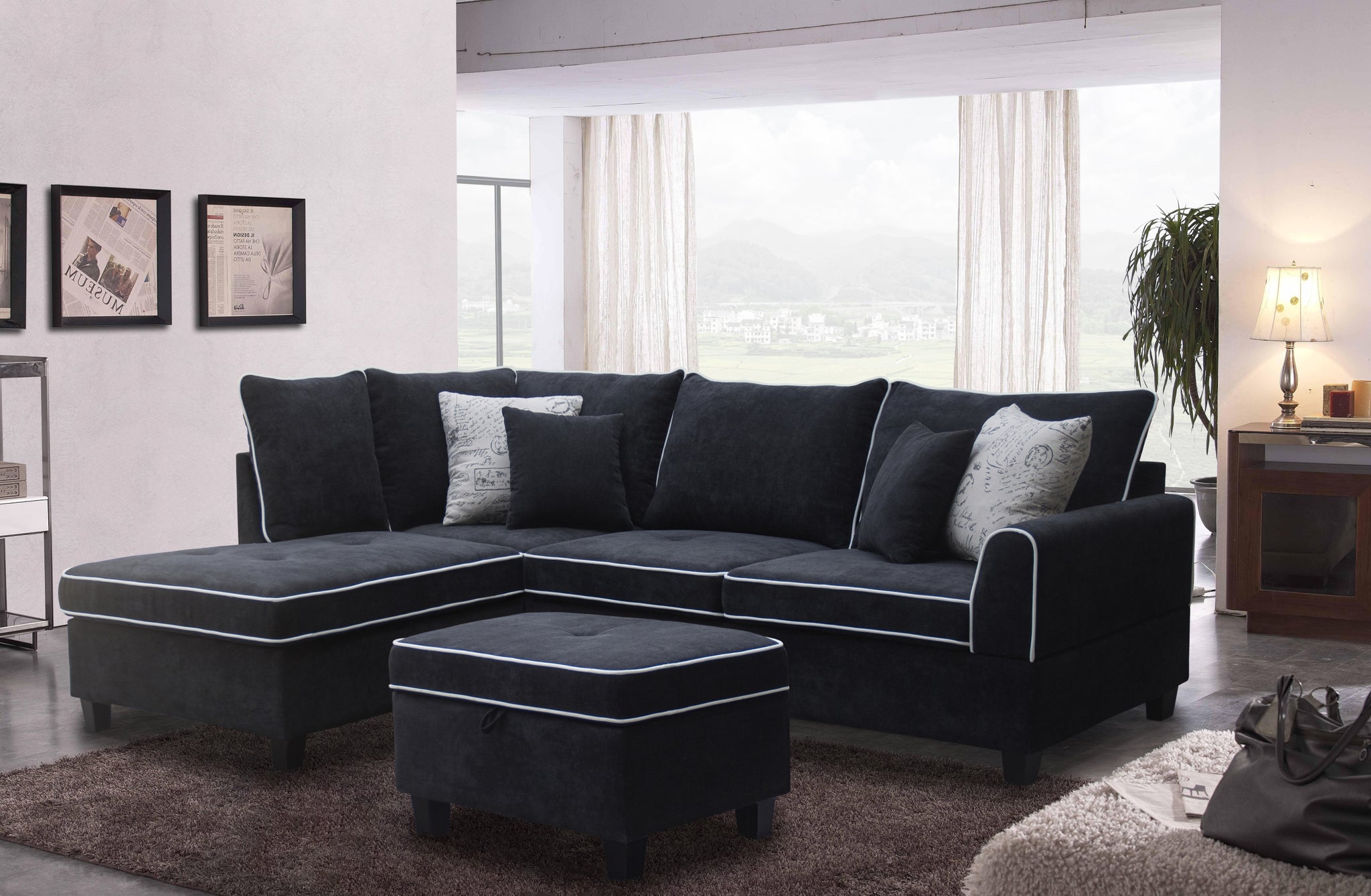 Harmony 99.5" Black Fabric Sectional Sofa with