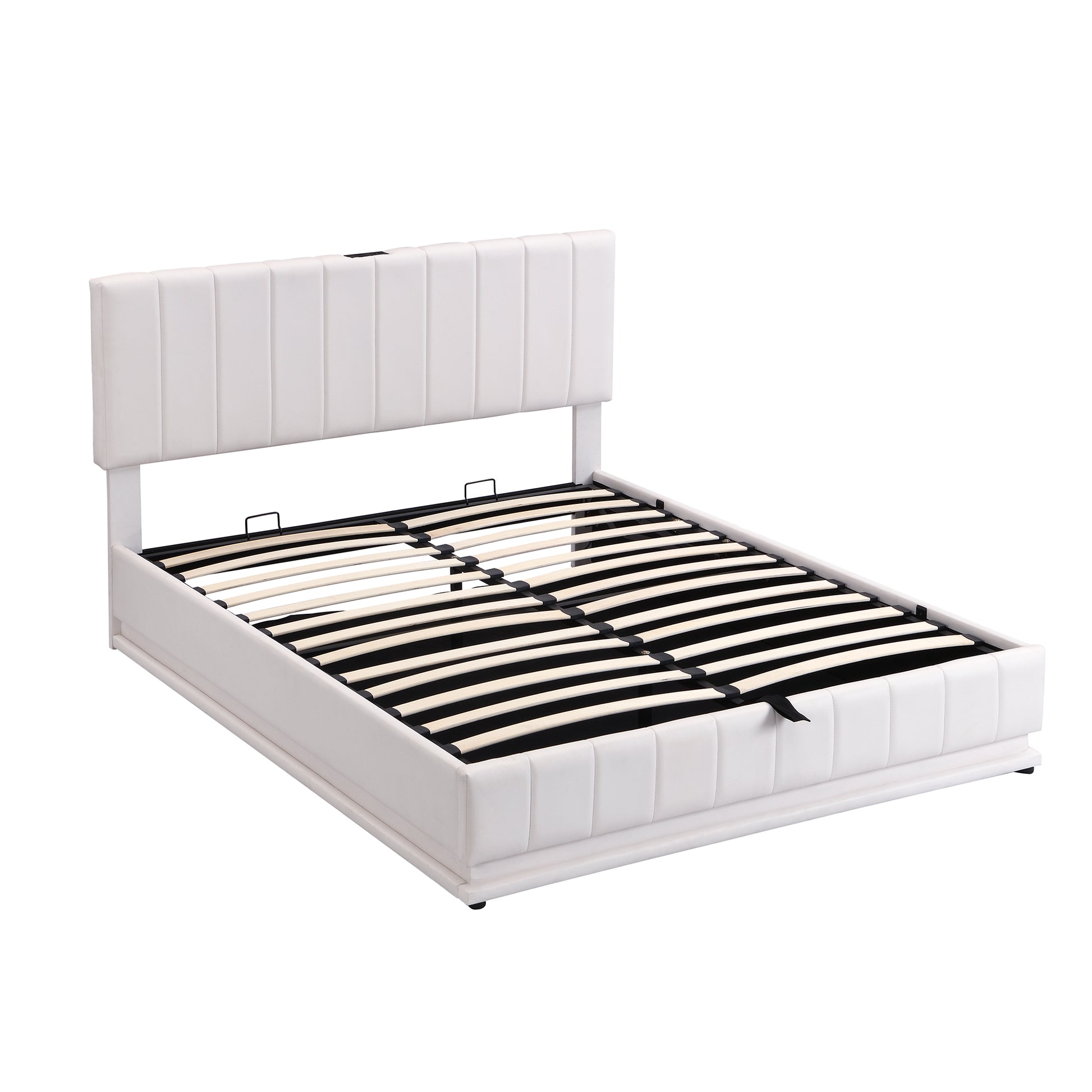 Queen Size Upholstered Bed with Hydraulic Storage white-pu leather