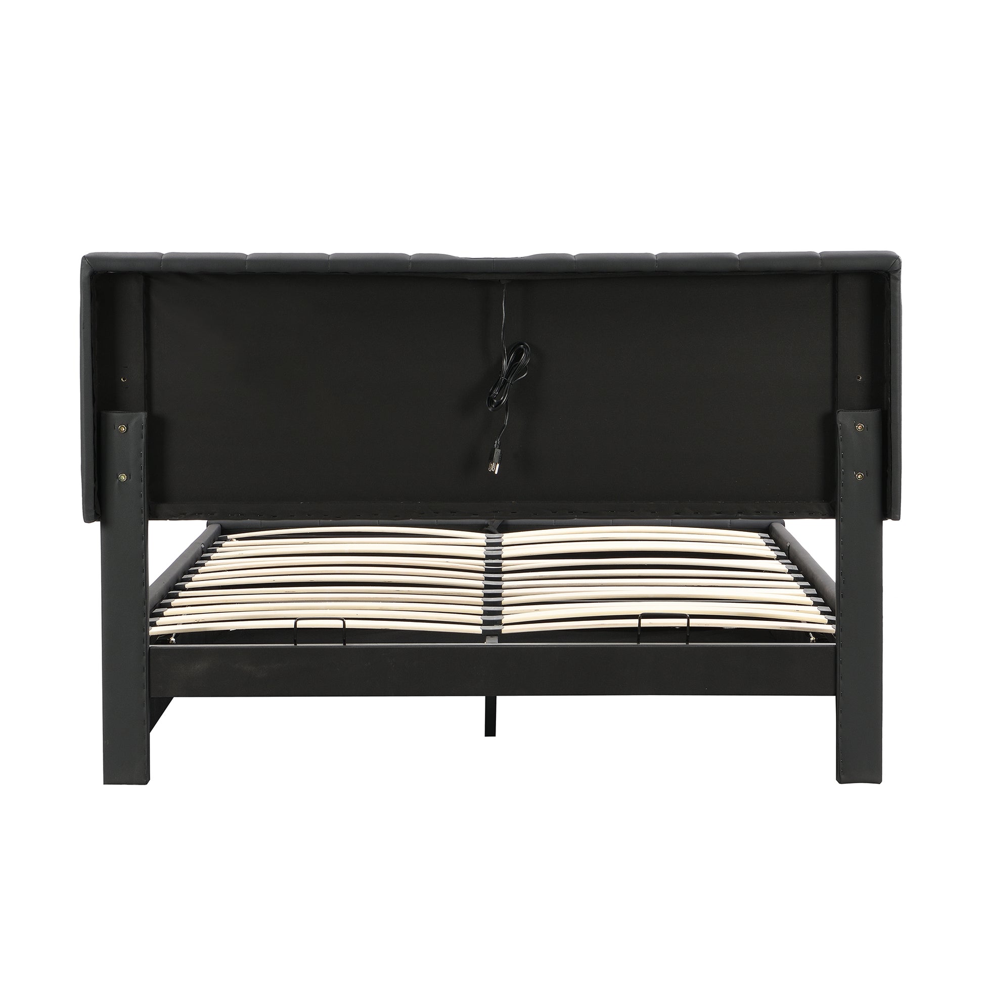 Queen Size Upholstered Bed with Hydraulic Storage black-pu leather