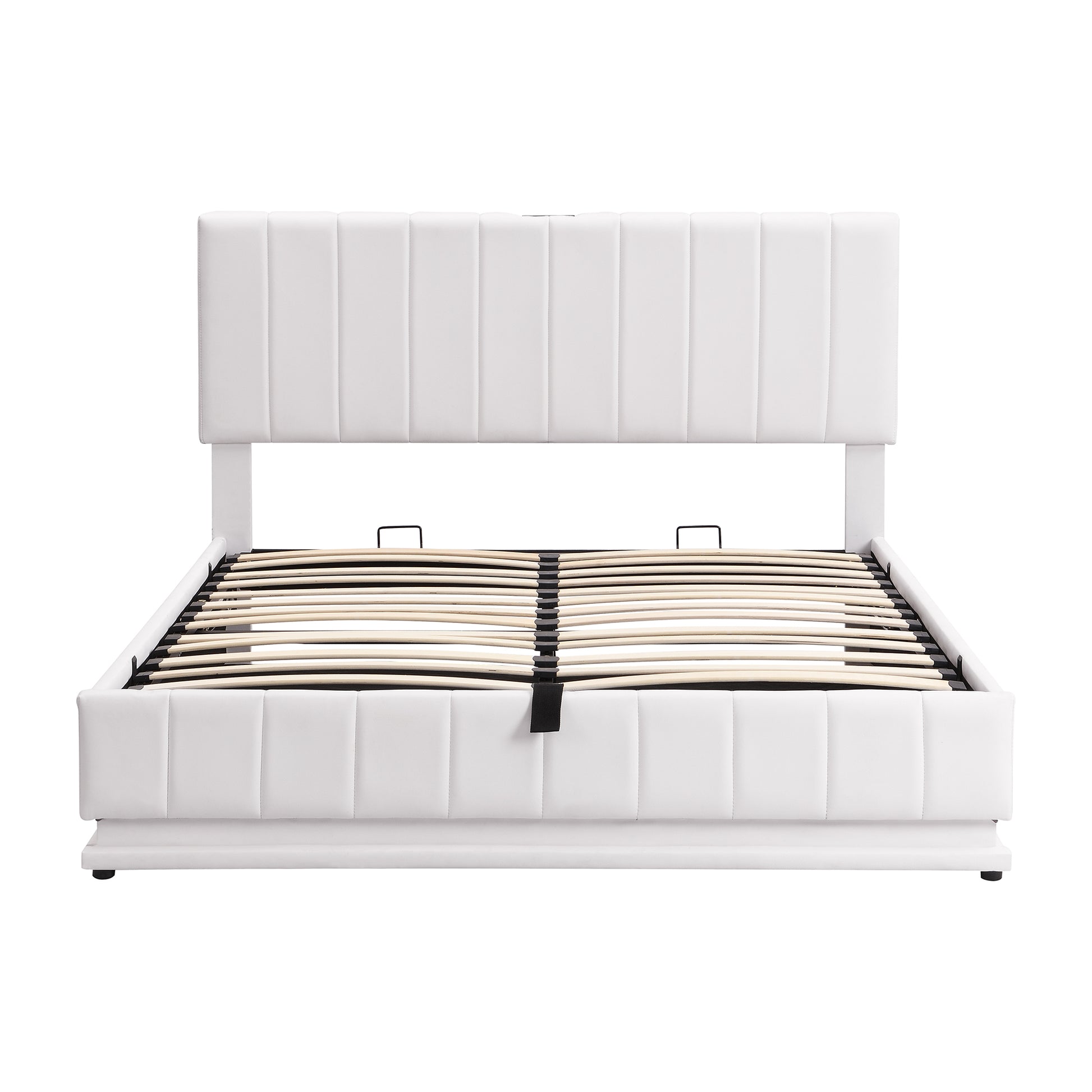 Queen Size Upholstered Bed with Hydraulic Storage white-pu leather