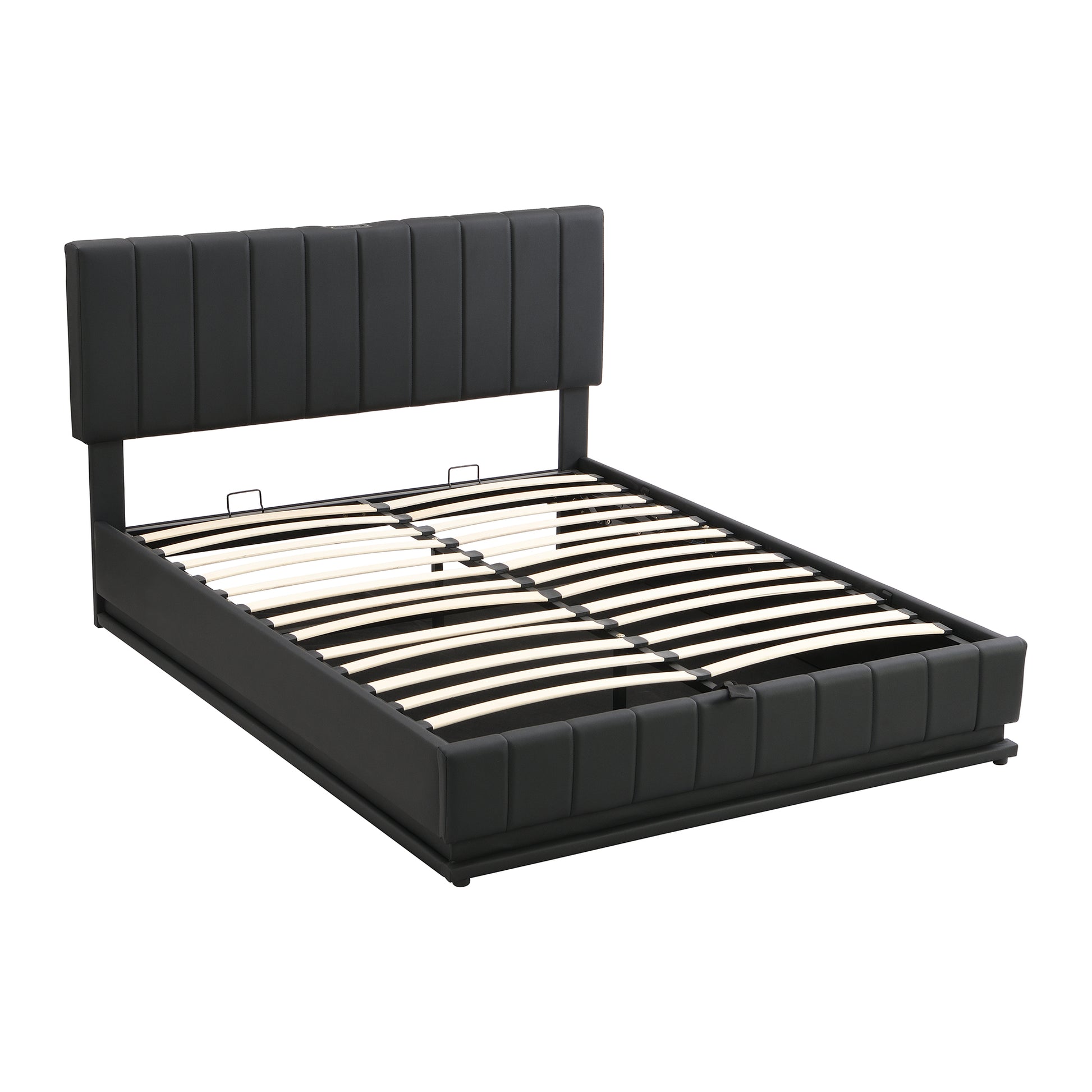 Queen Size Upholstered Bed with Hydraulic Storage black-pu leather