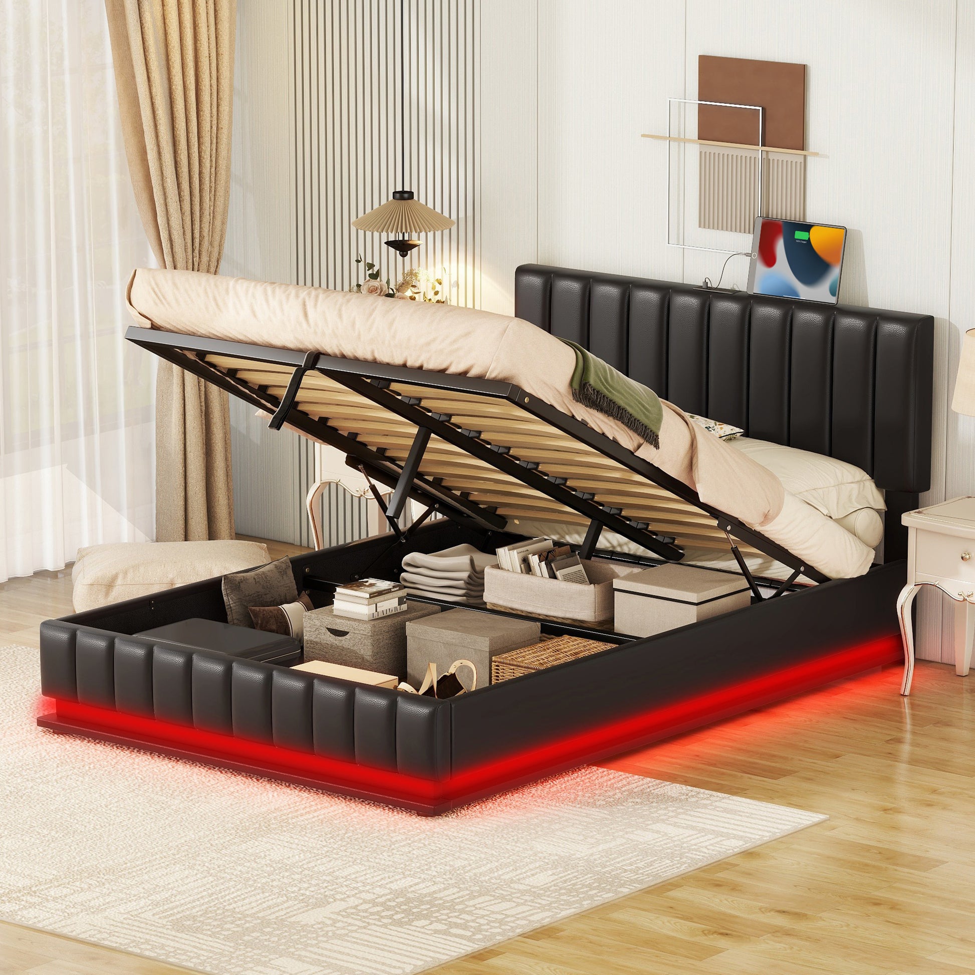 Full Size Upholstered Bed with Hydraulic Storage black-pu leather