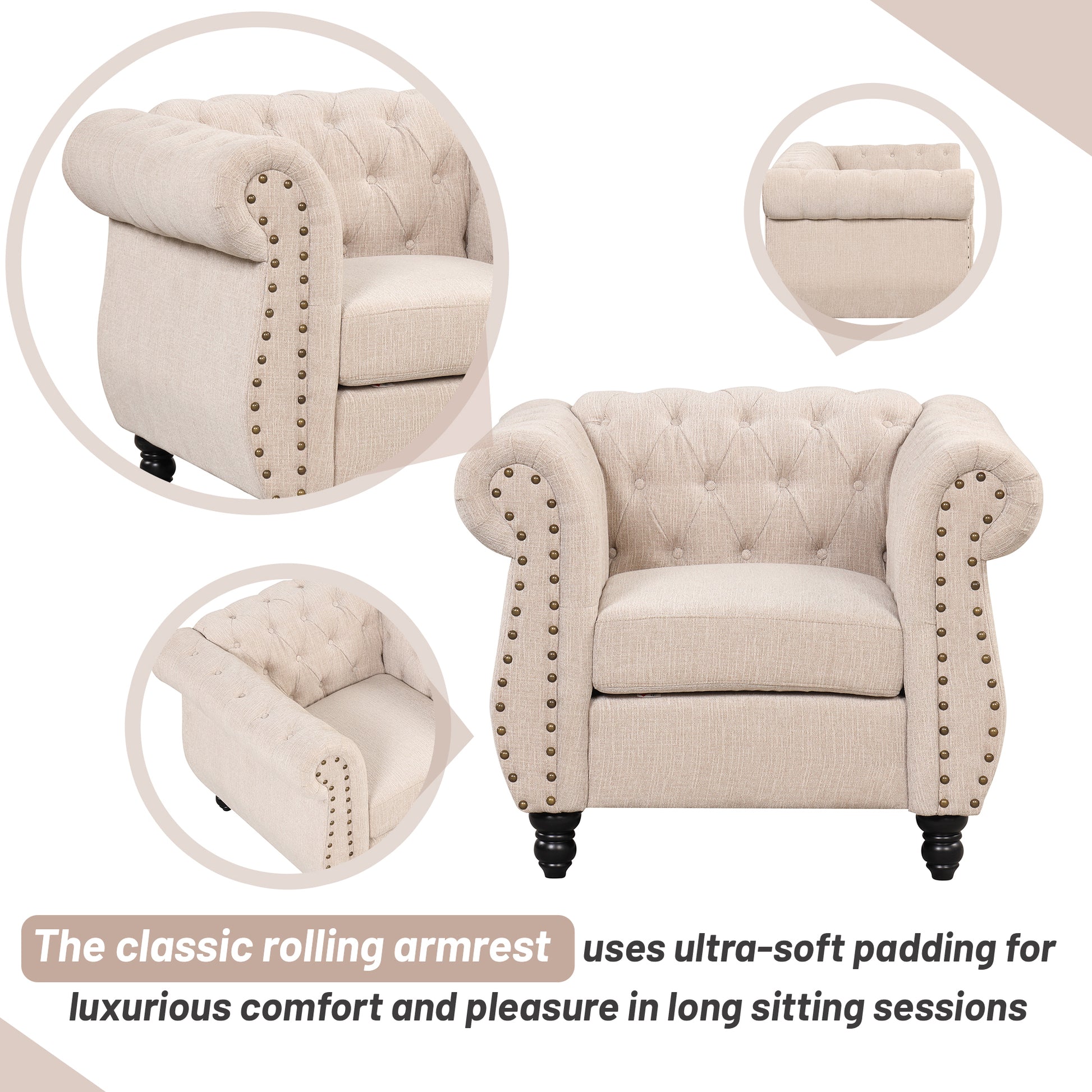 Modern three piece sofa set with solid wood legs beige-foam-polyester