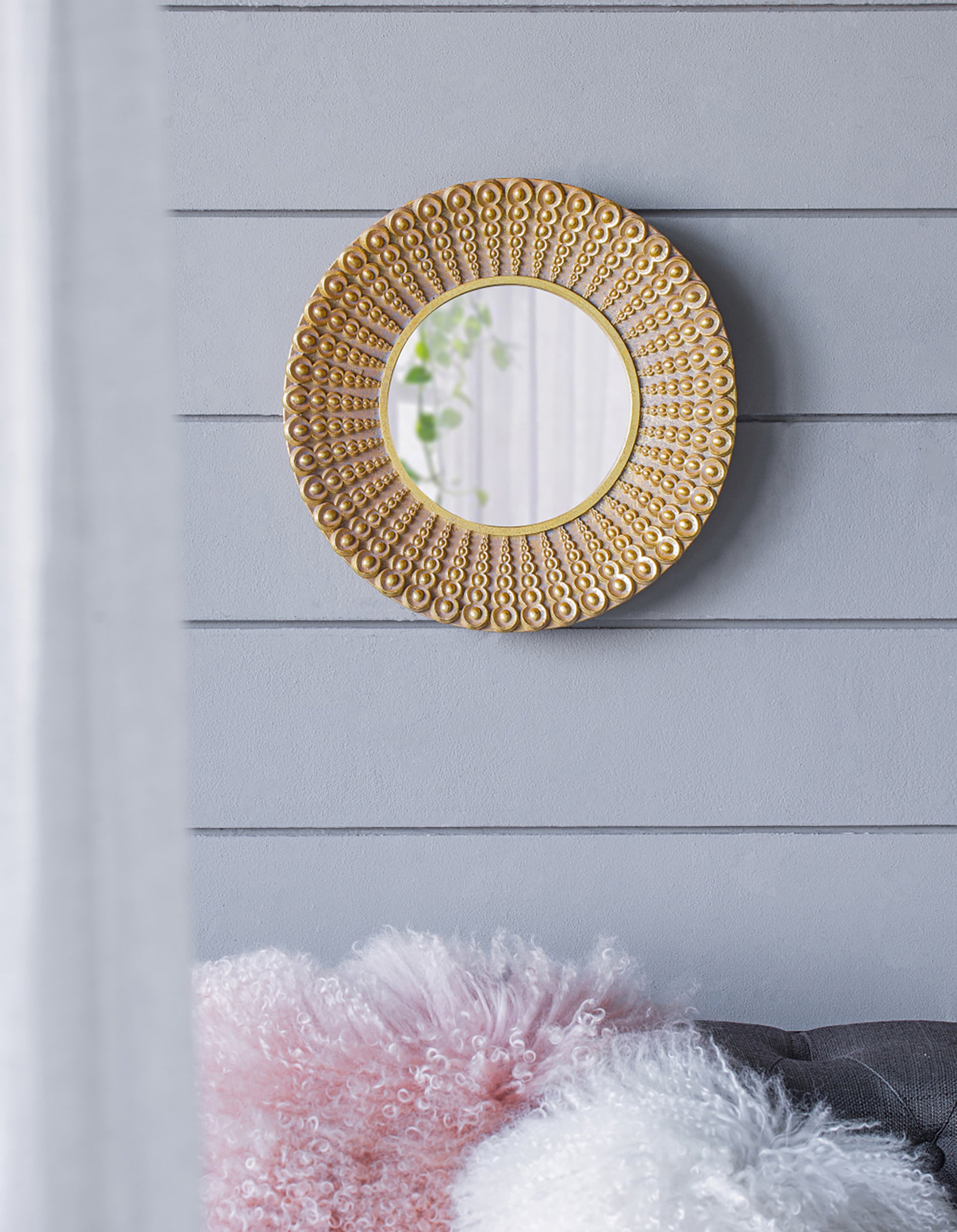 14" Gold Beaded Sunburst Mirror, Round Accent Wall gold-polyresin