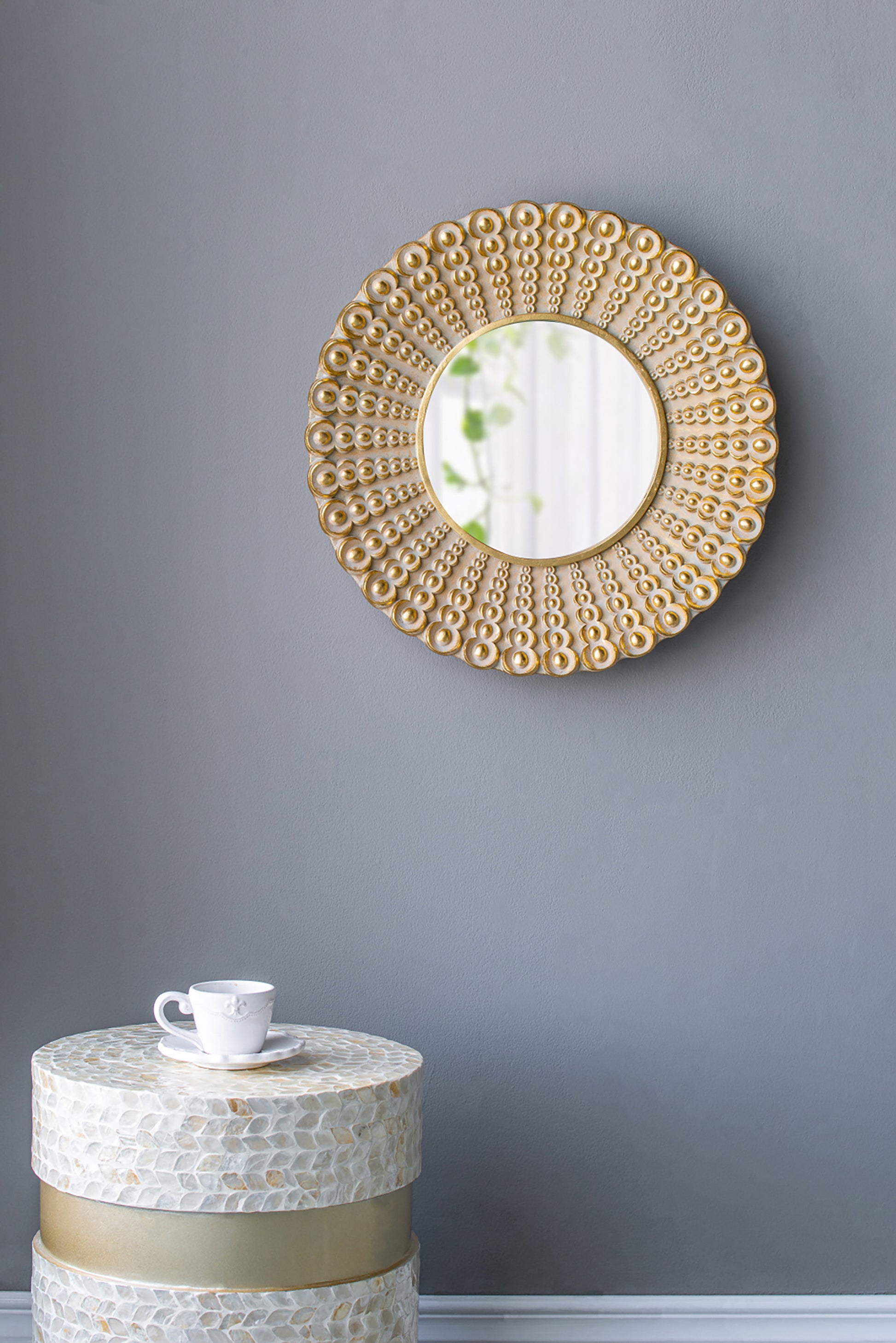 14" Gold Beaded Sunburst Mirror, Round Accent Wall gold-polyresin