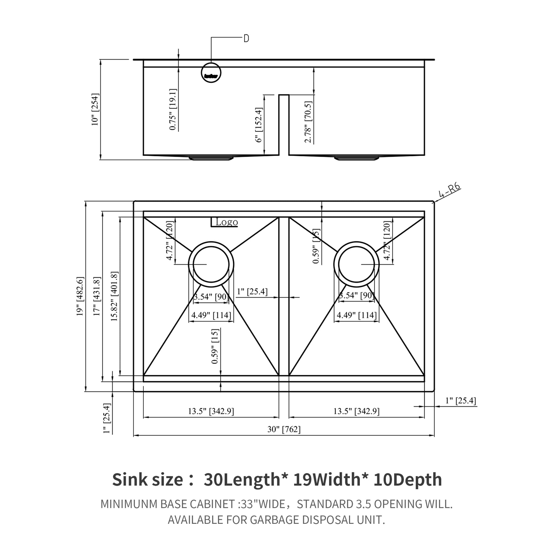 Undermount Sink 30"x19" x 10" Double Bowl 50 50 brushed nickel-stainless steel