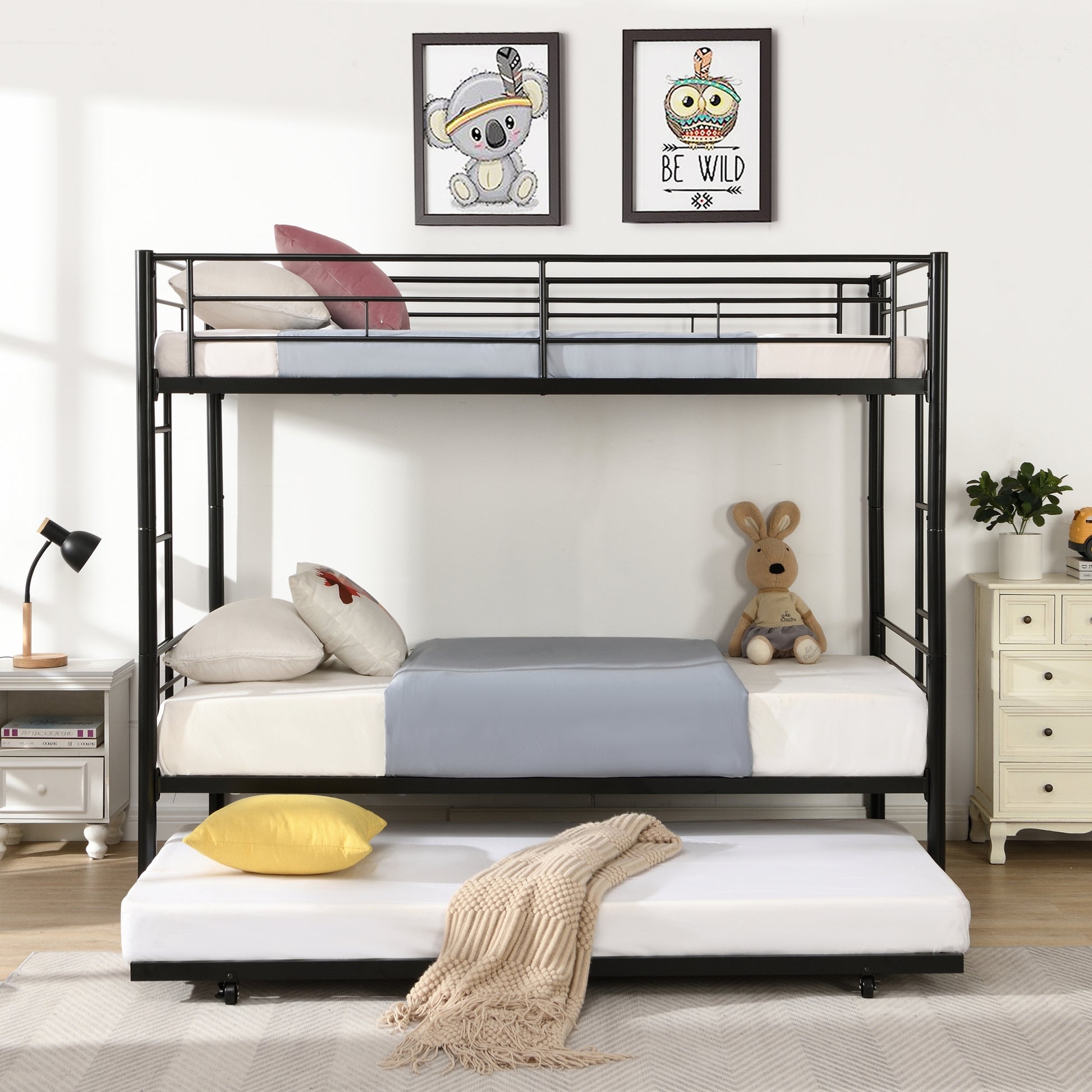 Over Twin Bunk Bed Frame With Trundle,Metal