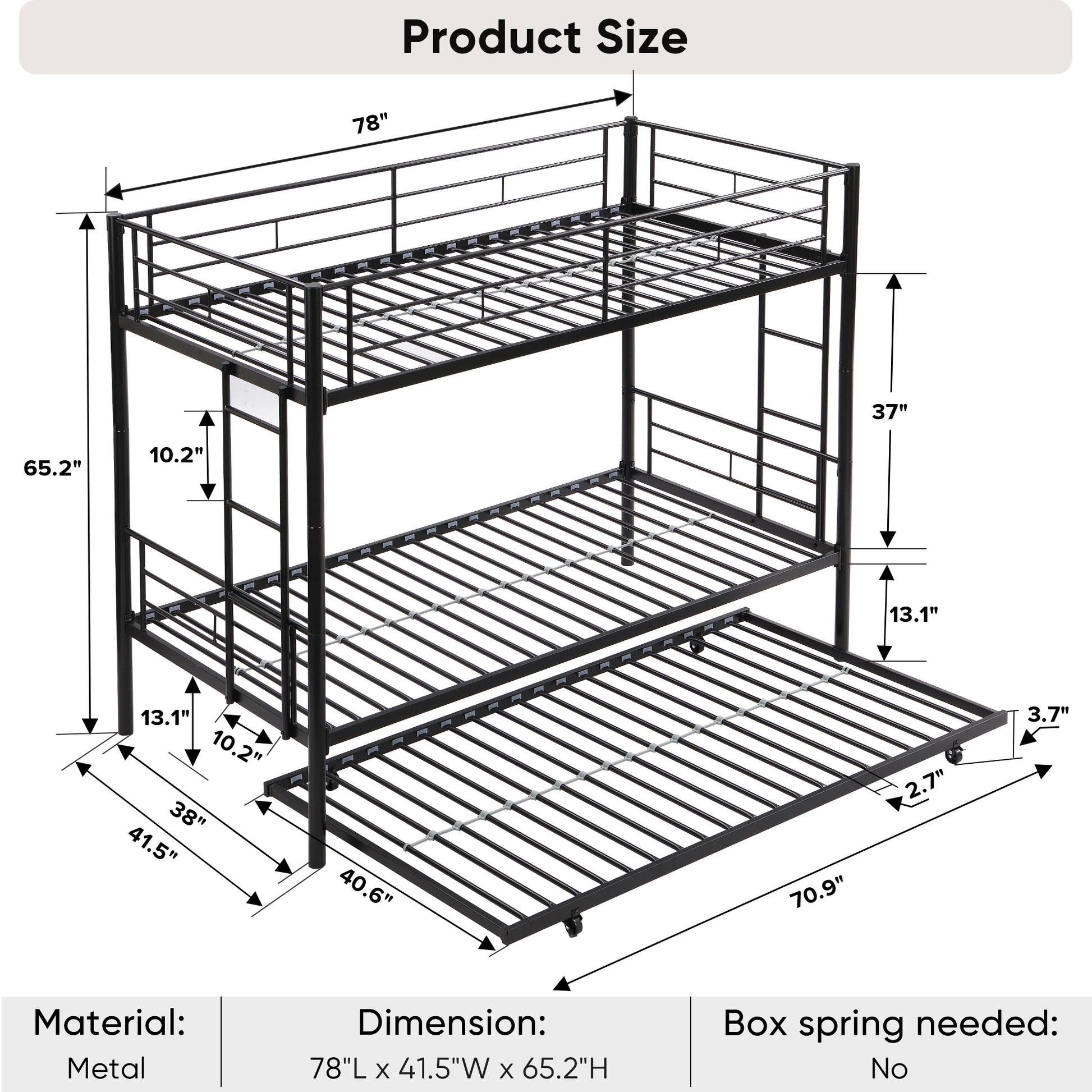 Over Twin Bunk Bed Frame With Trundle,Metal