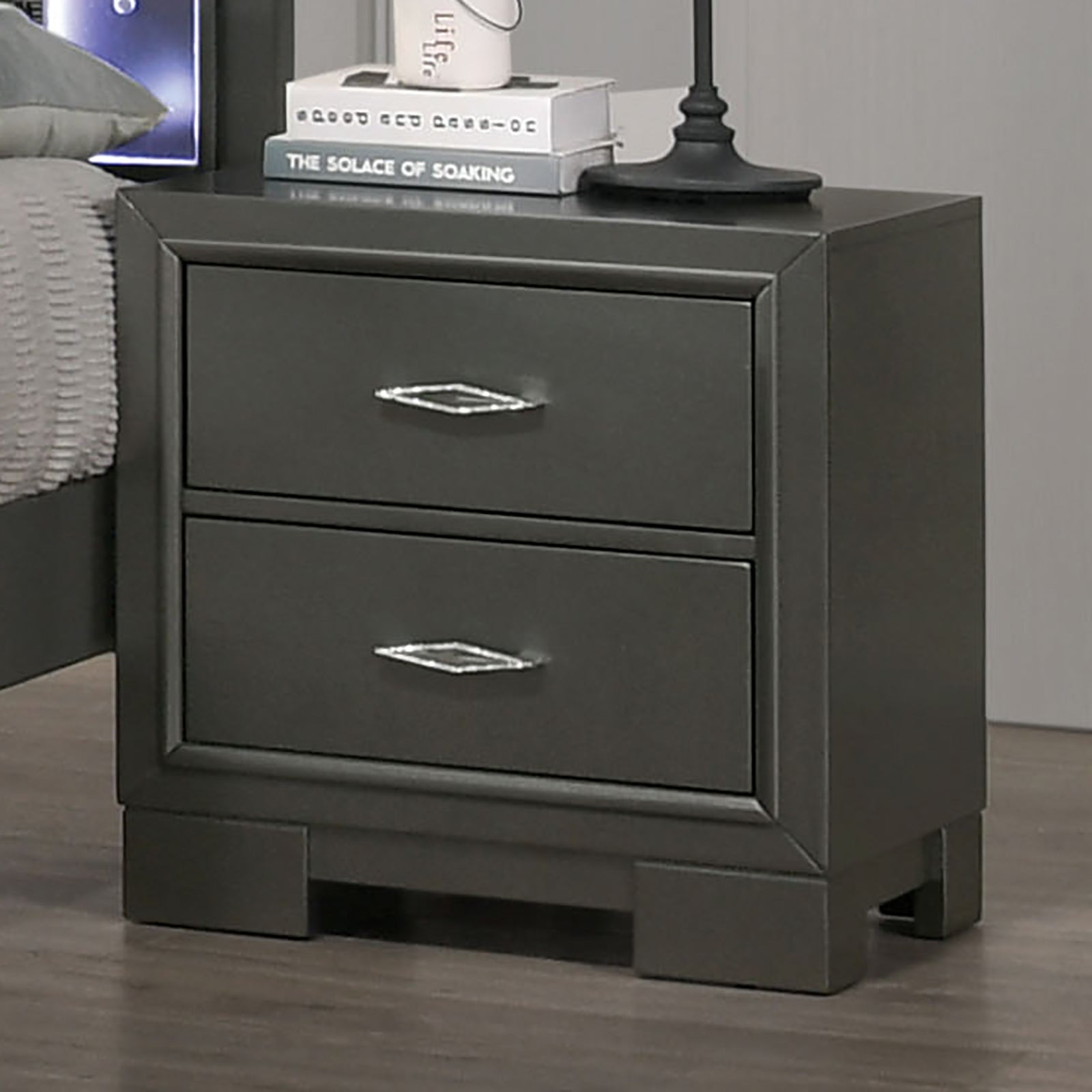Metallic Gray Color Nightstand Bedroom 1pc Nightstand metallic grey-gray-2 drawers-bedroom-bedside