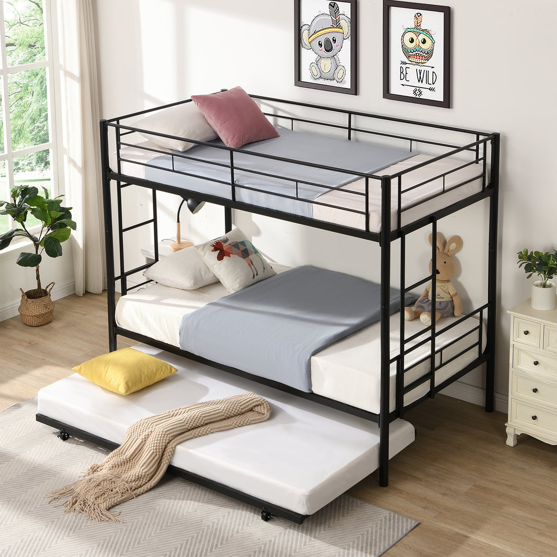 Over Twin Bunk Bed Frame With Trundle,Metal