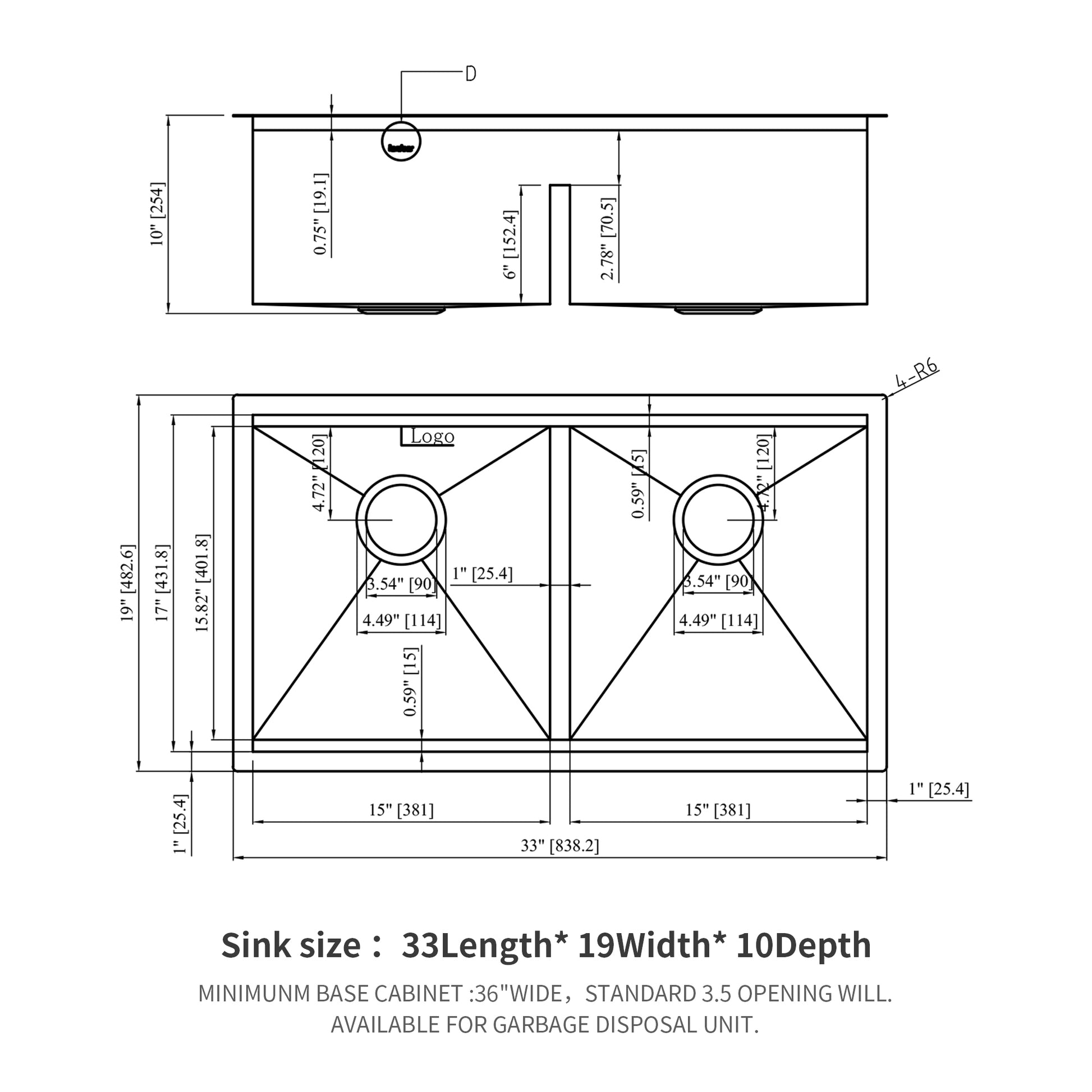 Double Bowl 50 50 Undermount Kitchen Sink 33"x19" brushed nickel-stainless steel