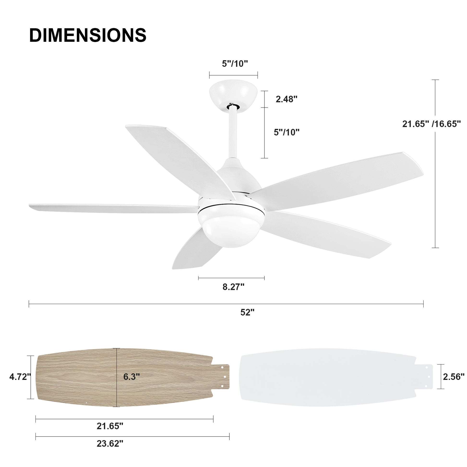 52 Inch White Ceiling Fan with Lights Remote