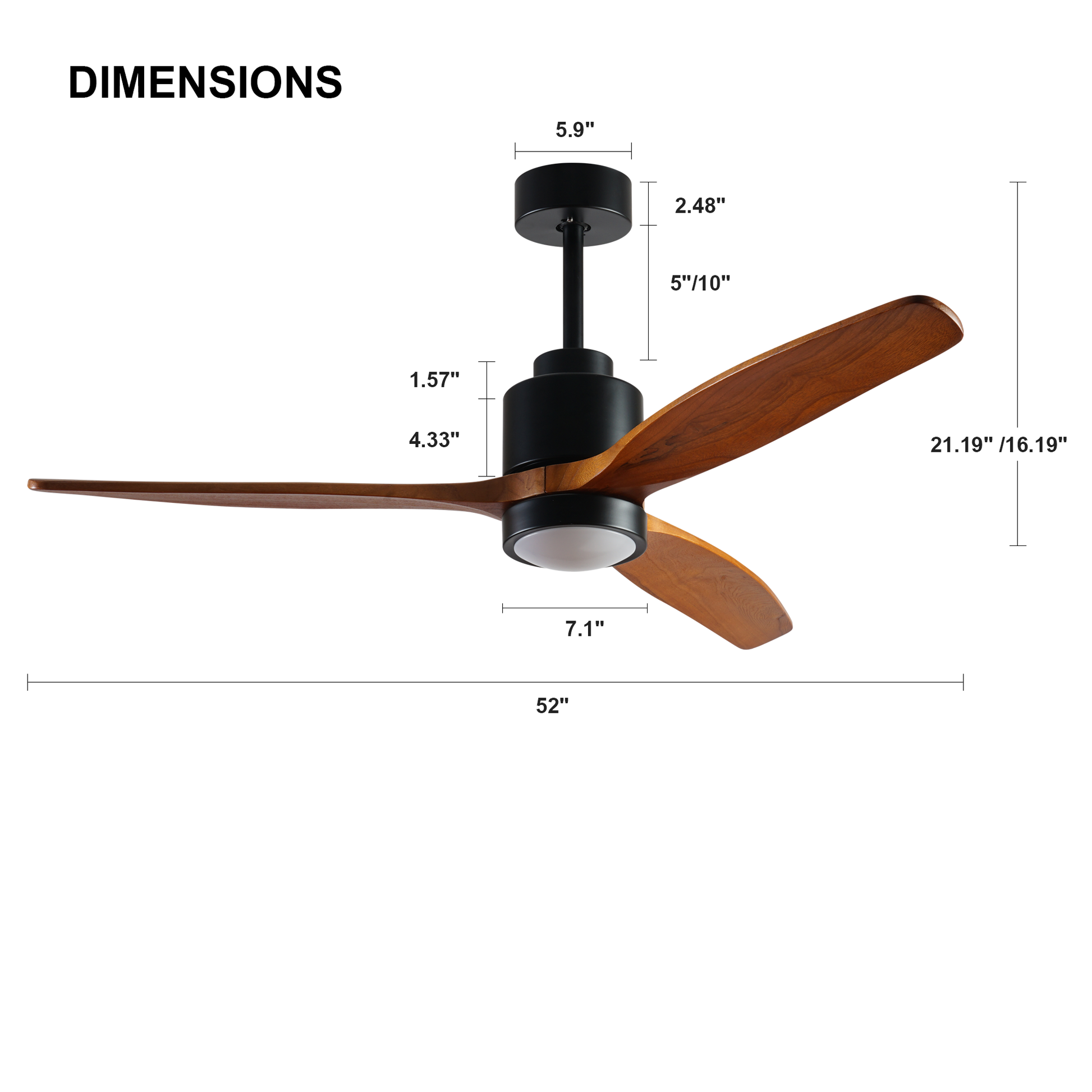 52 inch wood Ceiling Fan with Lights black brown-metal