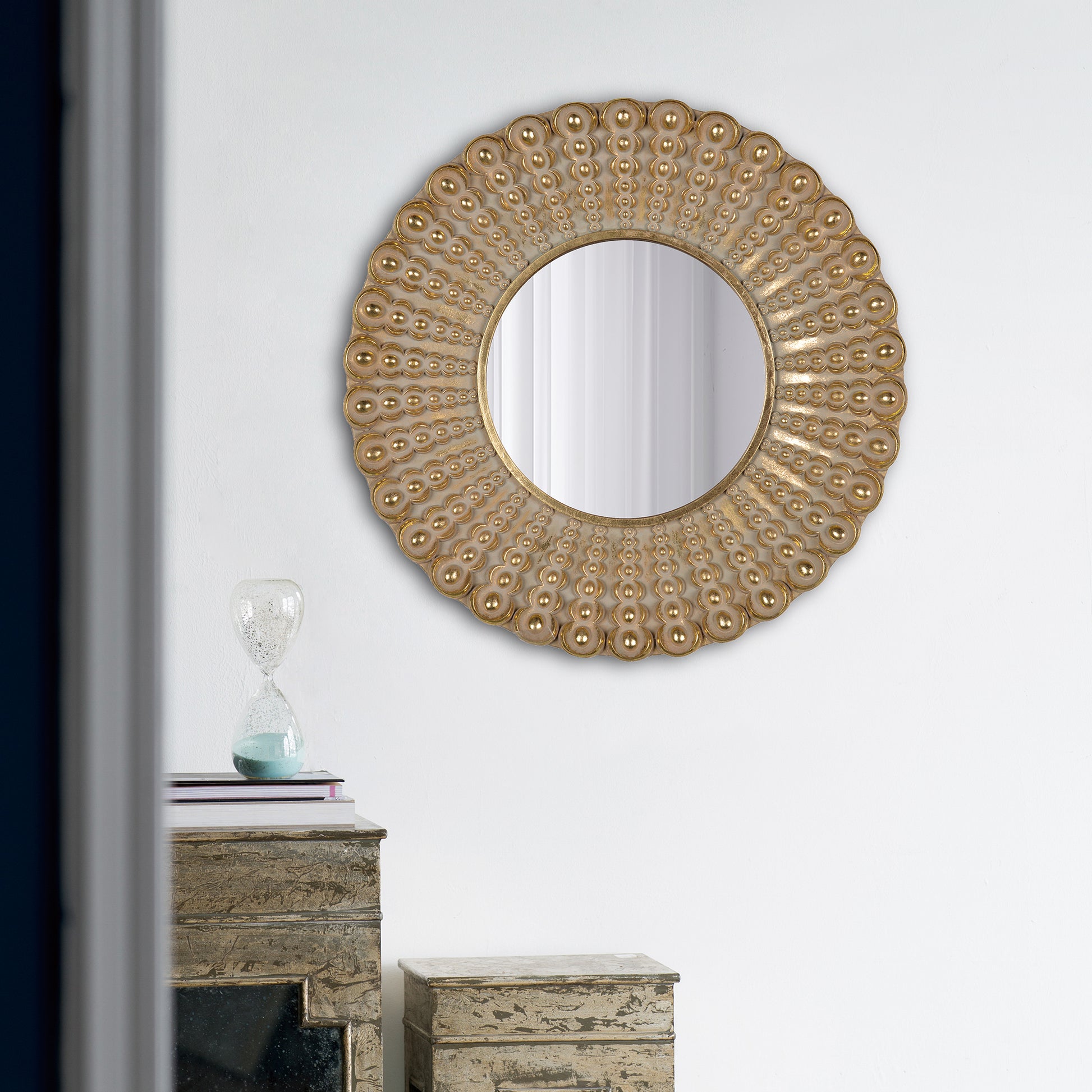 18.5" Transitional Beaded Sunburst Mirror, Round gold-polyresin