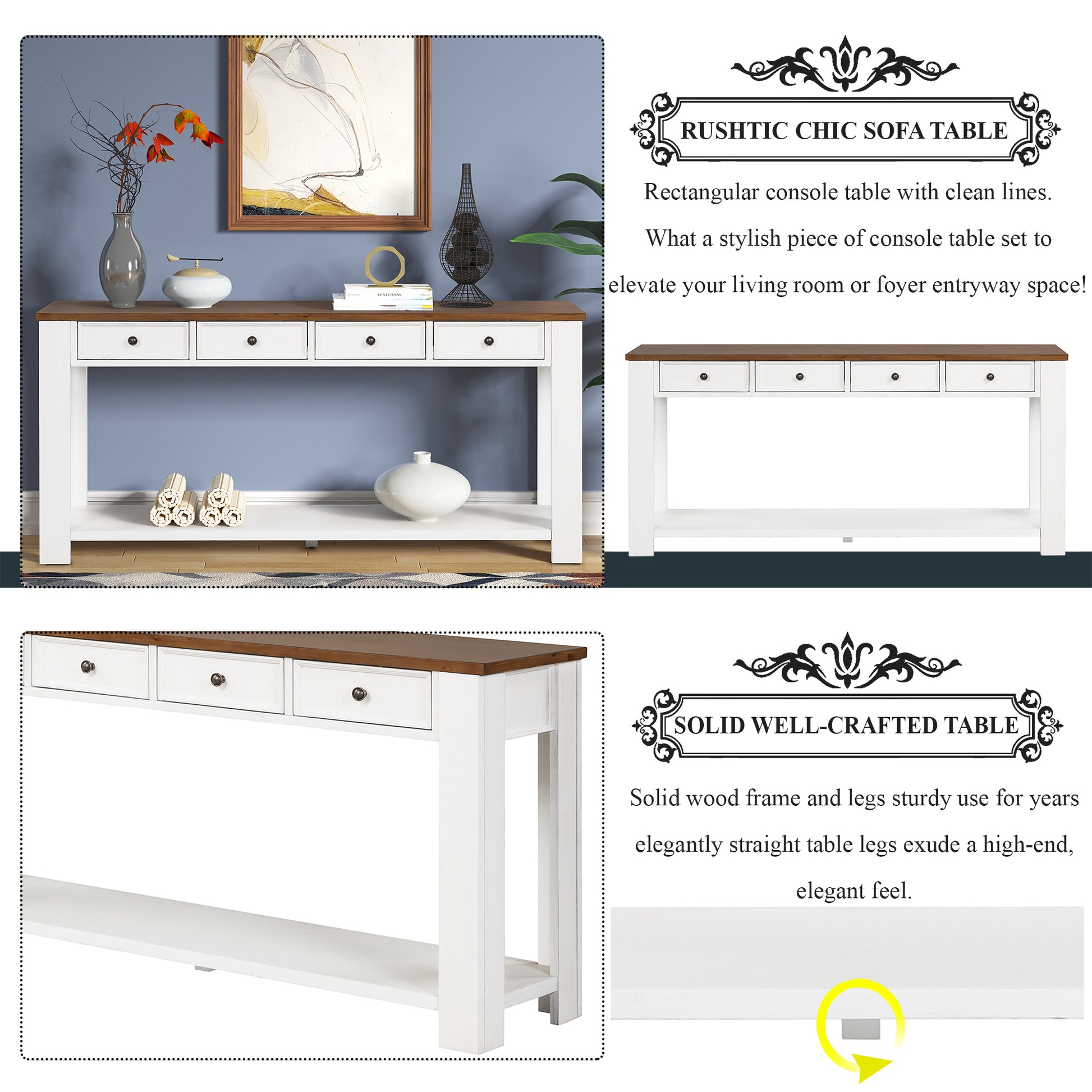 63" Pine Wood Console Table with 4 Drawers and 1 antique white-pine