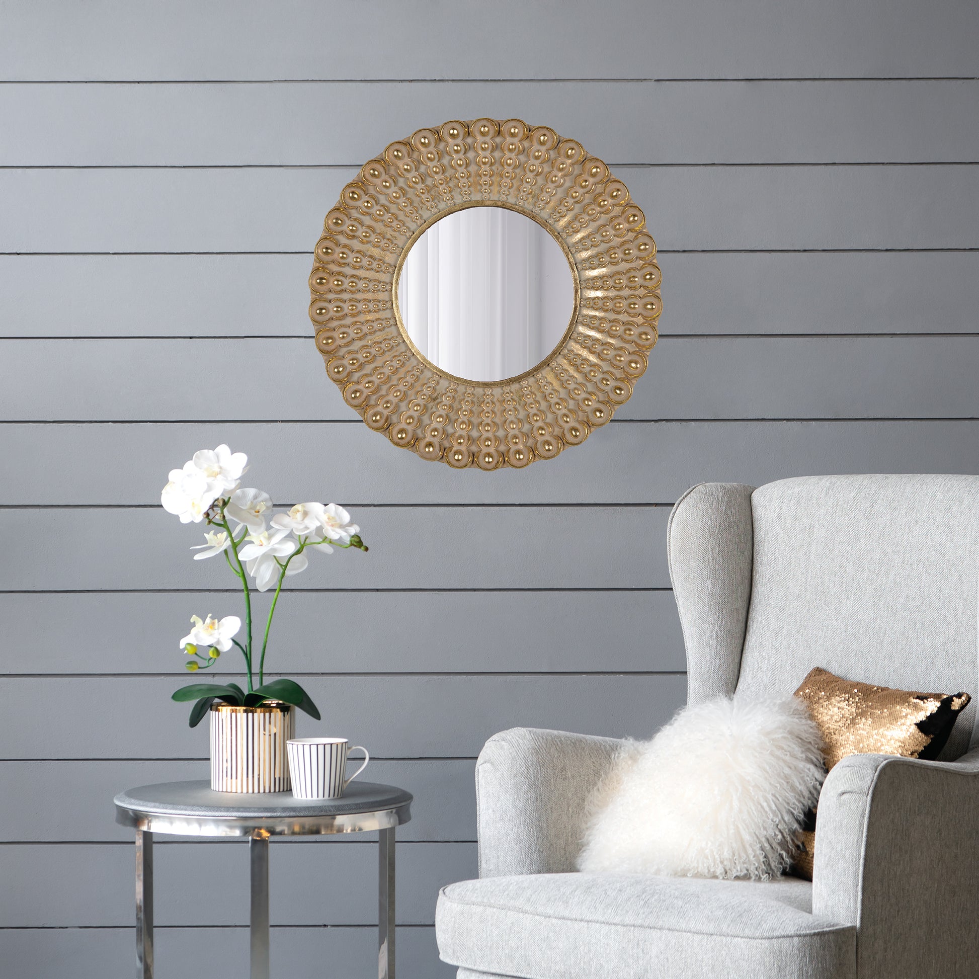 18.5" Transitional Beaded Sunburst Mirror, Round gold-polyresin