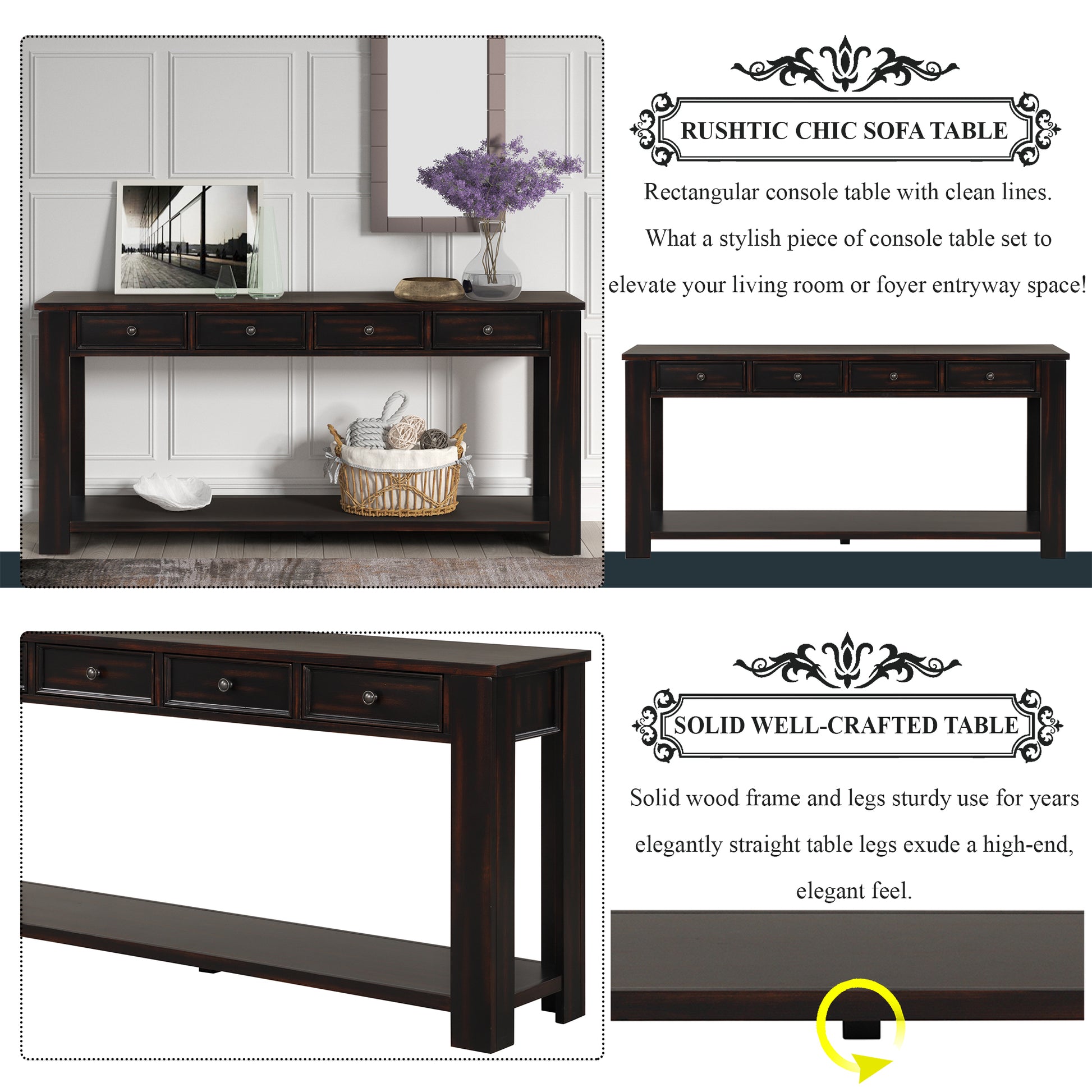 63" Pine Wood Console Table with 4 Drawers and 1 distressed black-pine