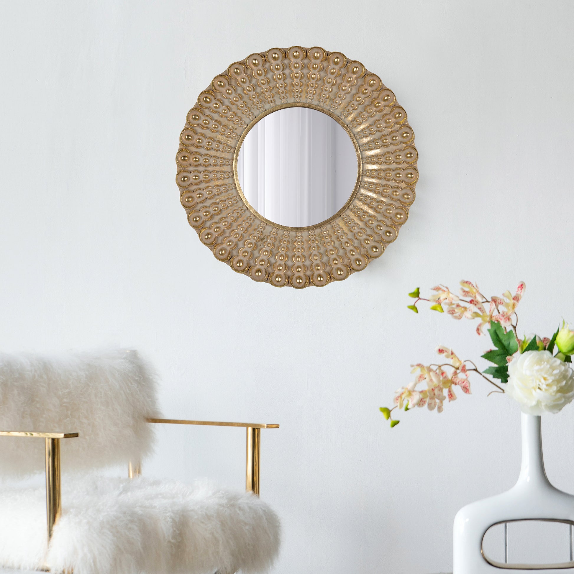 18.5" Transitional Beaded Sunburst Mirror, Round gold-polyresin