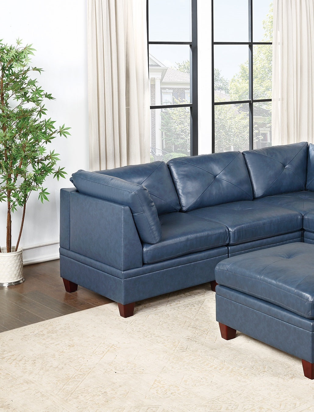 Genuine Leather Ink Blue Tufted 6pc Modular Sofa Set blue-genuine leather-wood-primary living