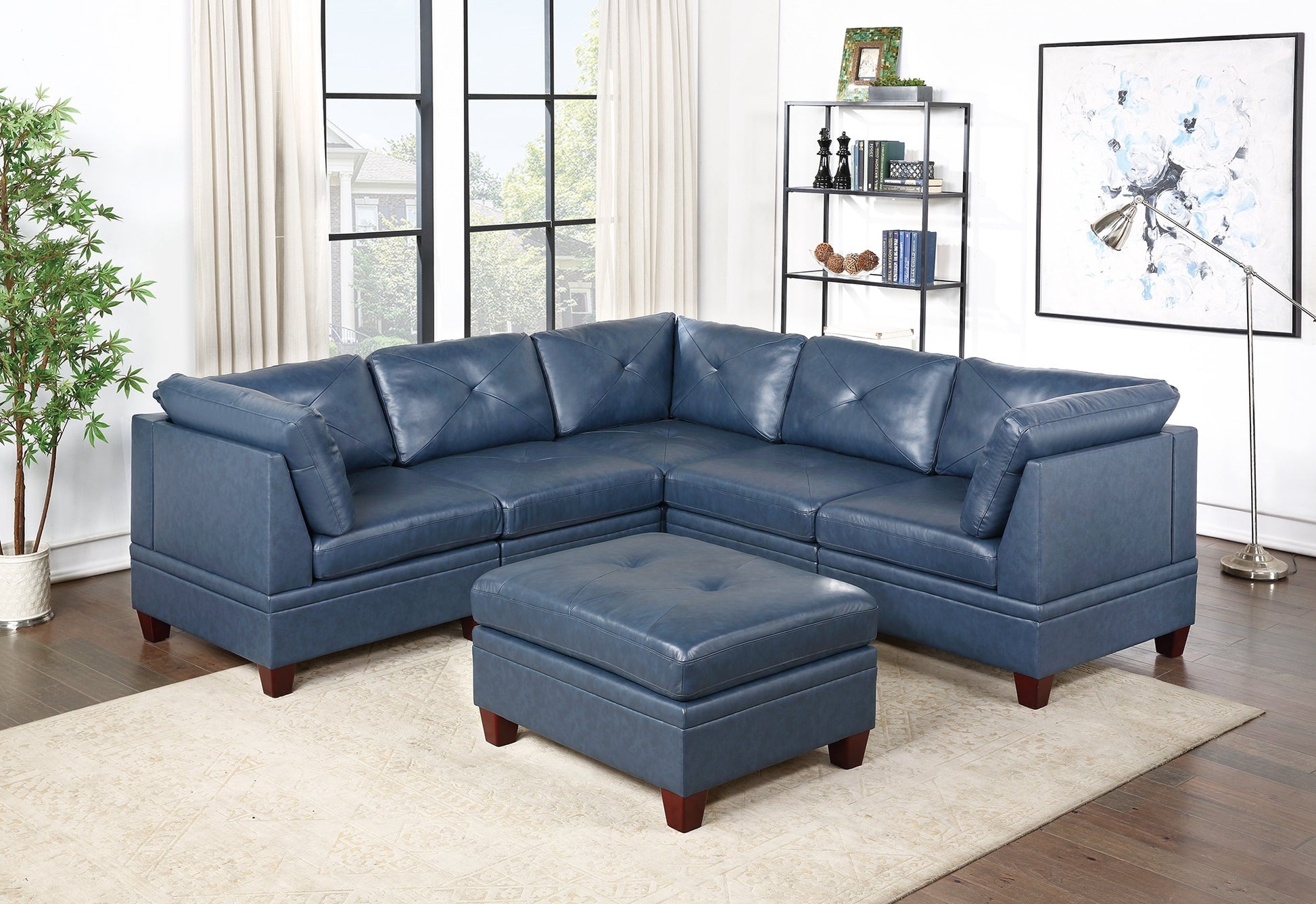 Genuine Leather Ink Blue Tufted 6pc Modular Sofa Set blue-genuine leather-wood-primary living