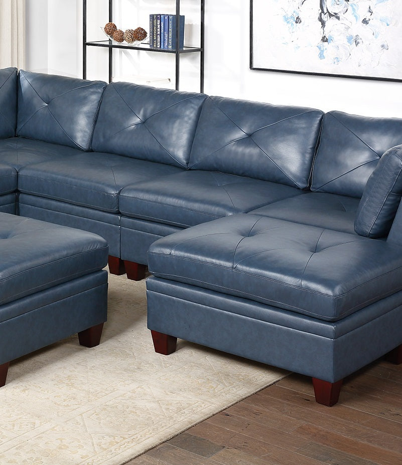 Genuine Leather Ink Blue Tufted 8pc Sectional Set 3x blue-genuine leather-wood-primary living