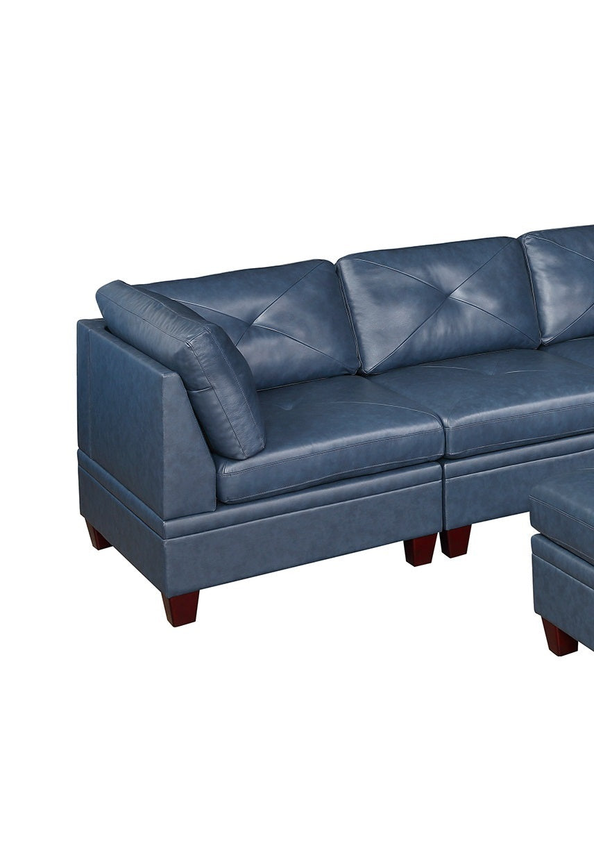 Genuine Leather Ink Blue Tufted 7pc Modular Sofa Set blue-genuine leather-wood-primary living