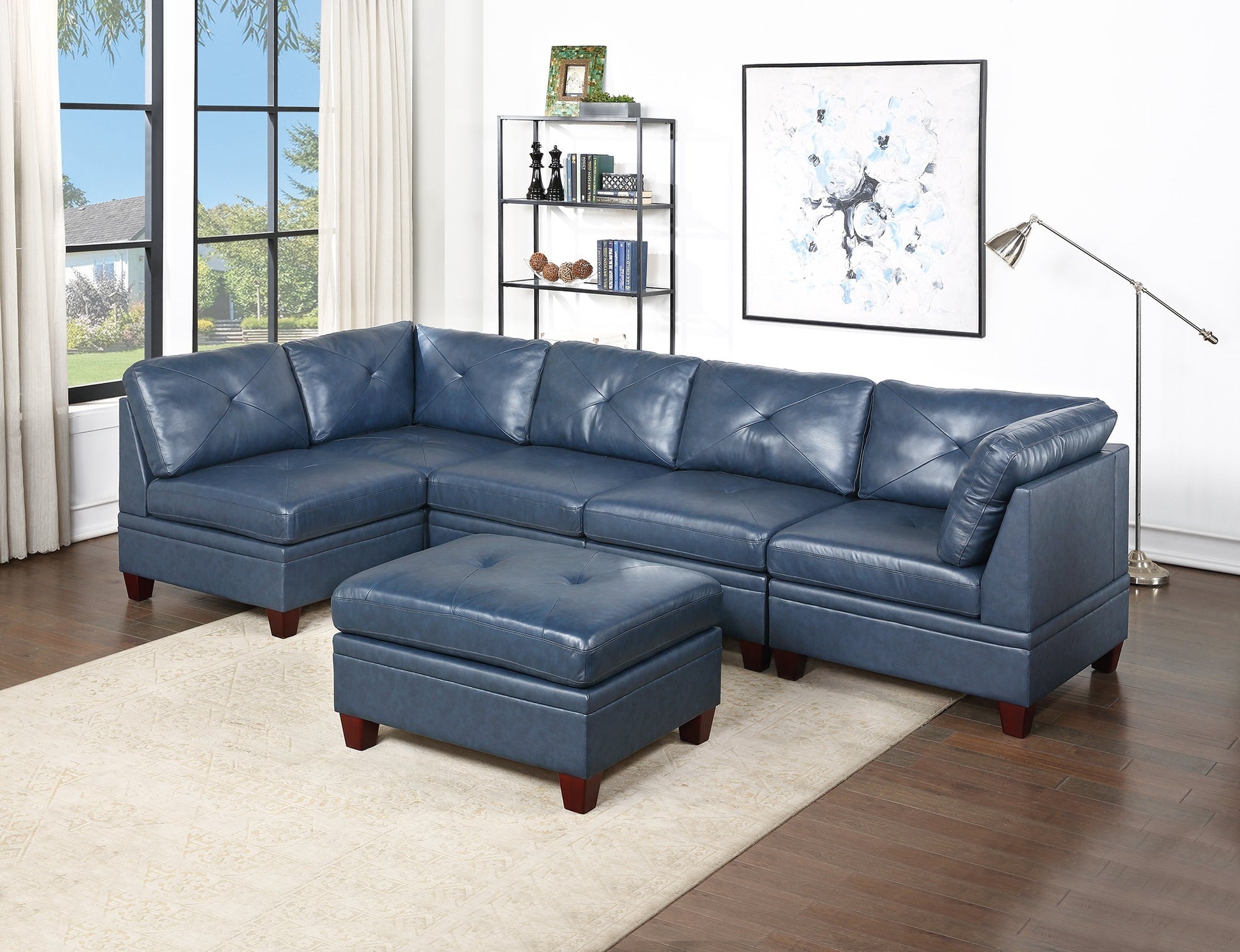 Genuine Leather Ink Blue Tufted 6pc Modular Sofa Set blue-genuine leather-wood-primary living