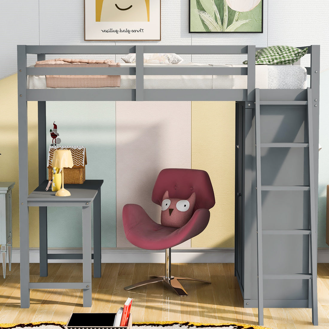 Twin Size Loft Bed With Wardrobe And Desk, Gray -