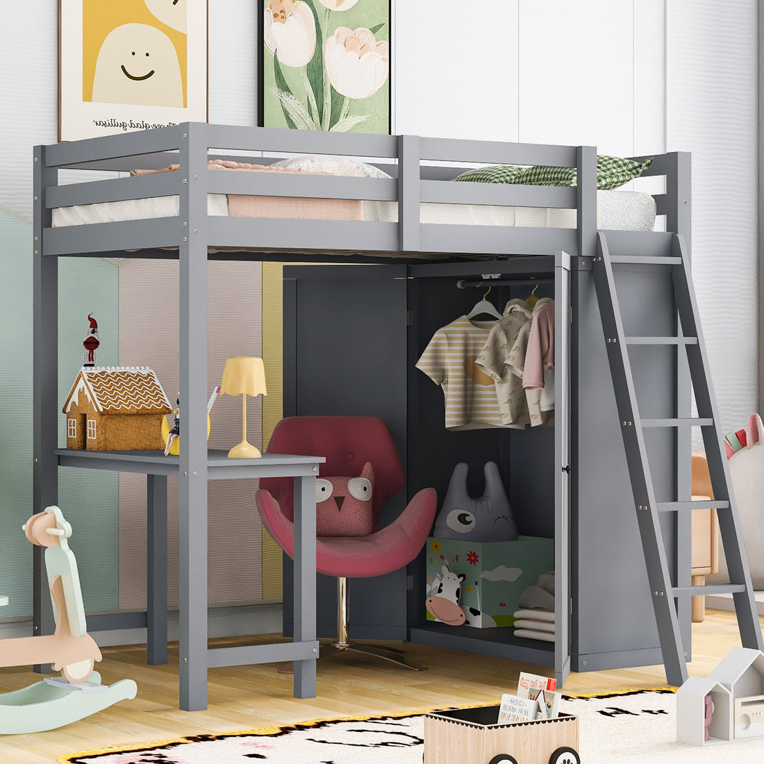 Twin Size Loft Bed With Wardrobe And Desk, Gray -