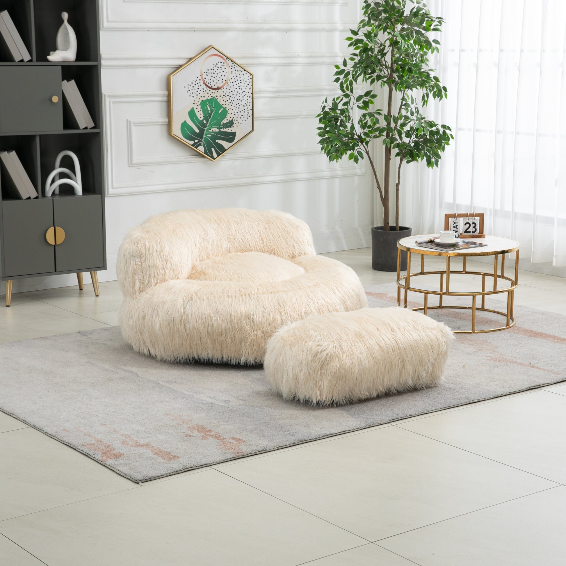 COOLMORE Bean Bag Chair Faux fur Lazy Sofa Footstool beige-plush