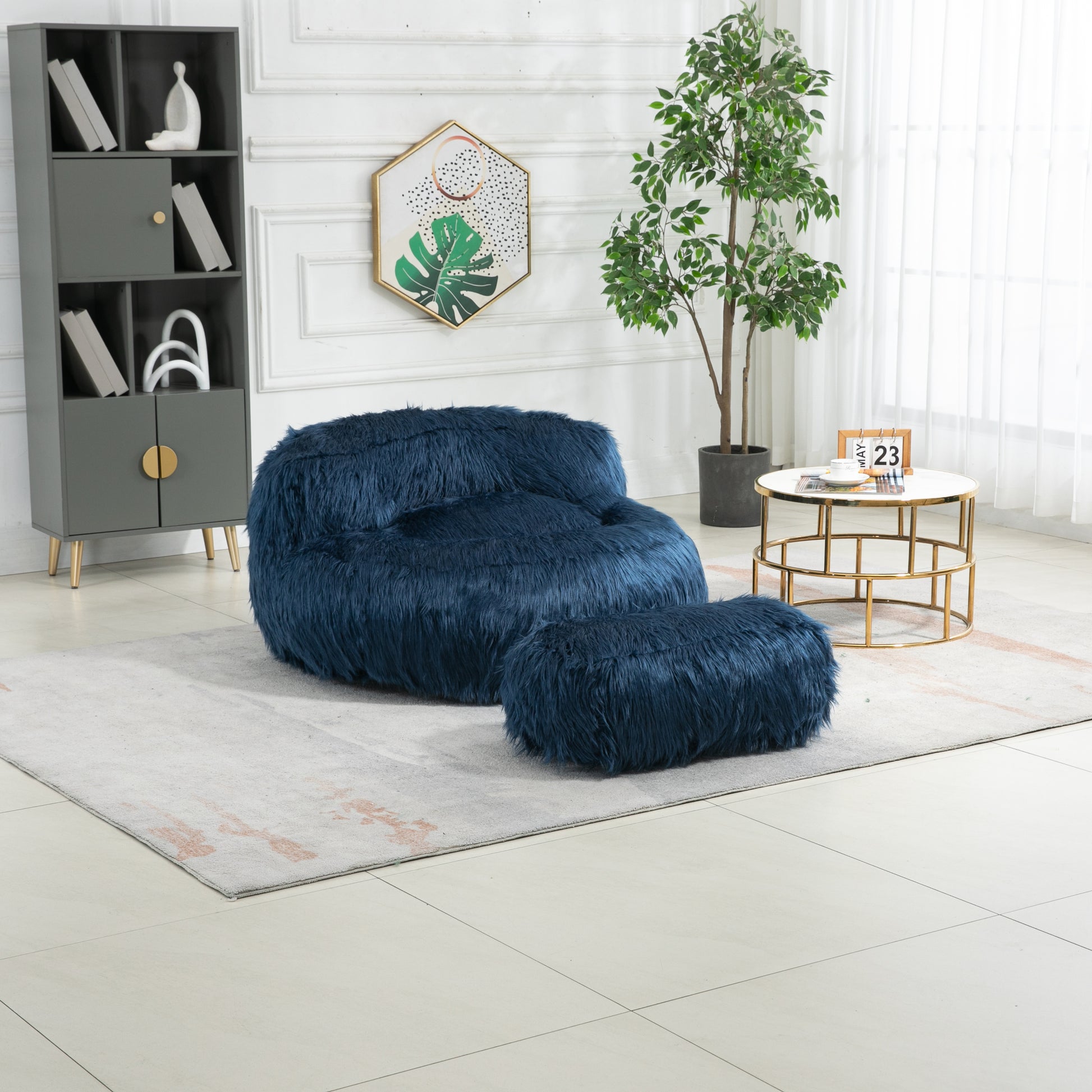 COOLMORE Bean Bag Chair Faux fur Lazy Sofa Footstool navy-plush