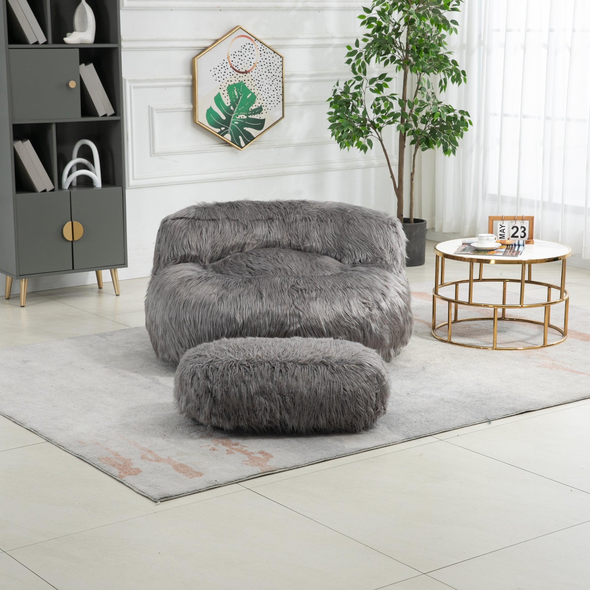 COOLMORE Bean Bag Chair Faux fur Lazy Sofa Footstool gray-plush