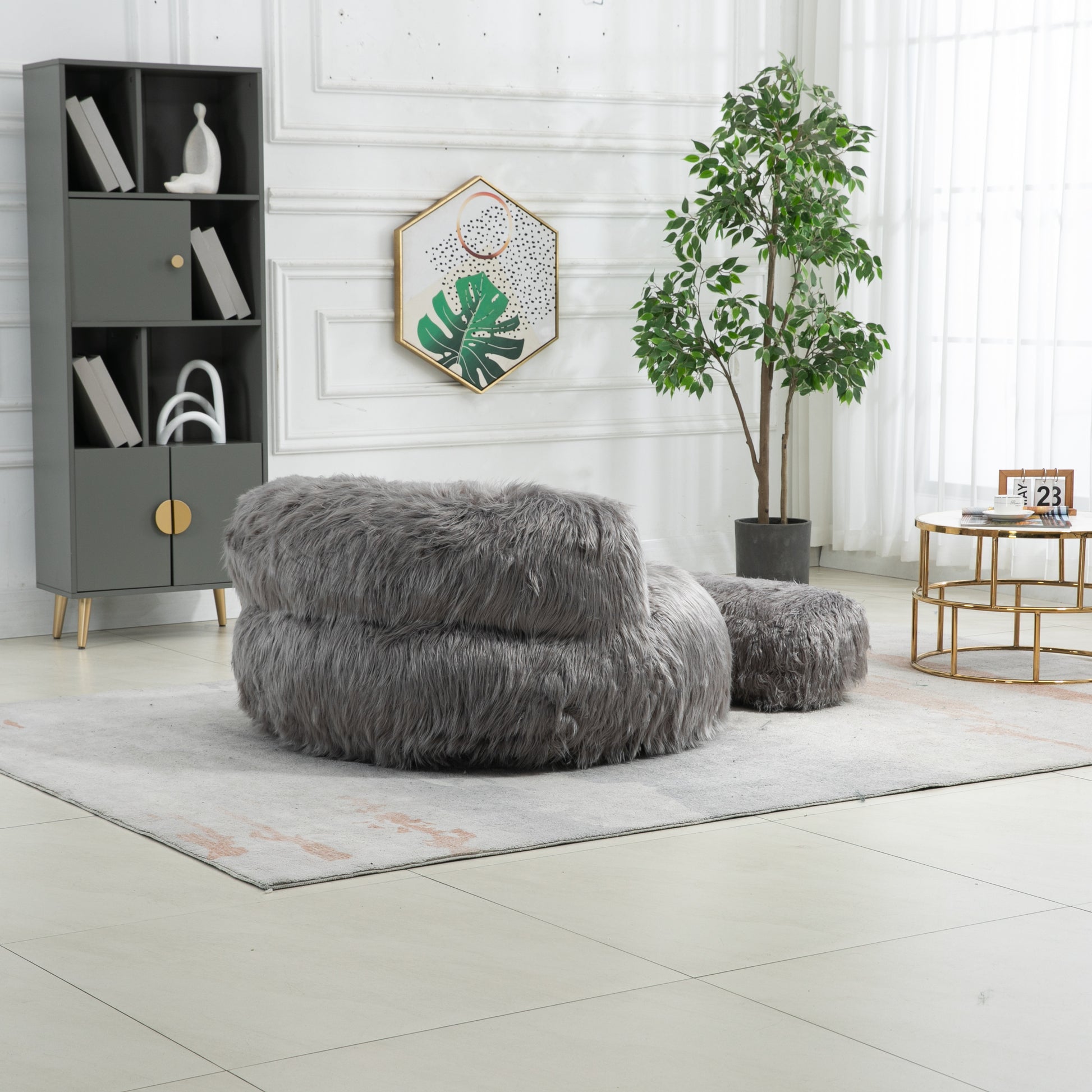 COOLMORE Bean Bag Chair Faux fur Lazy Sofa Footstool gray-plush