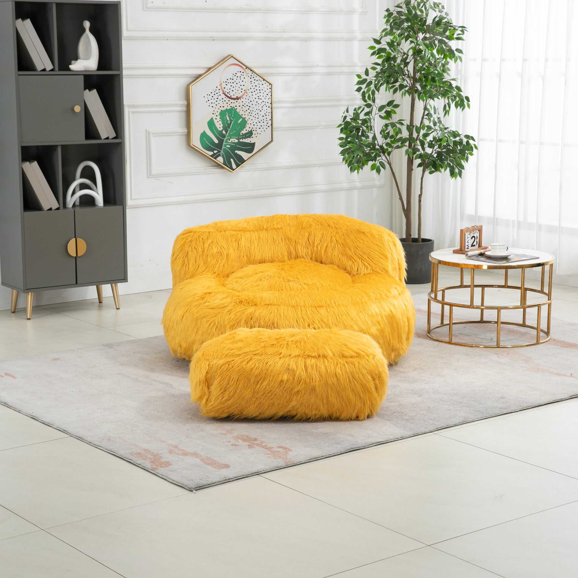 COOLMORE Bean Bag Chair Faux fur Lazy Sofa Footstool yellow-plush