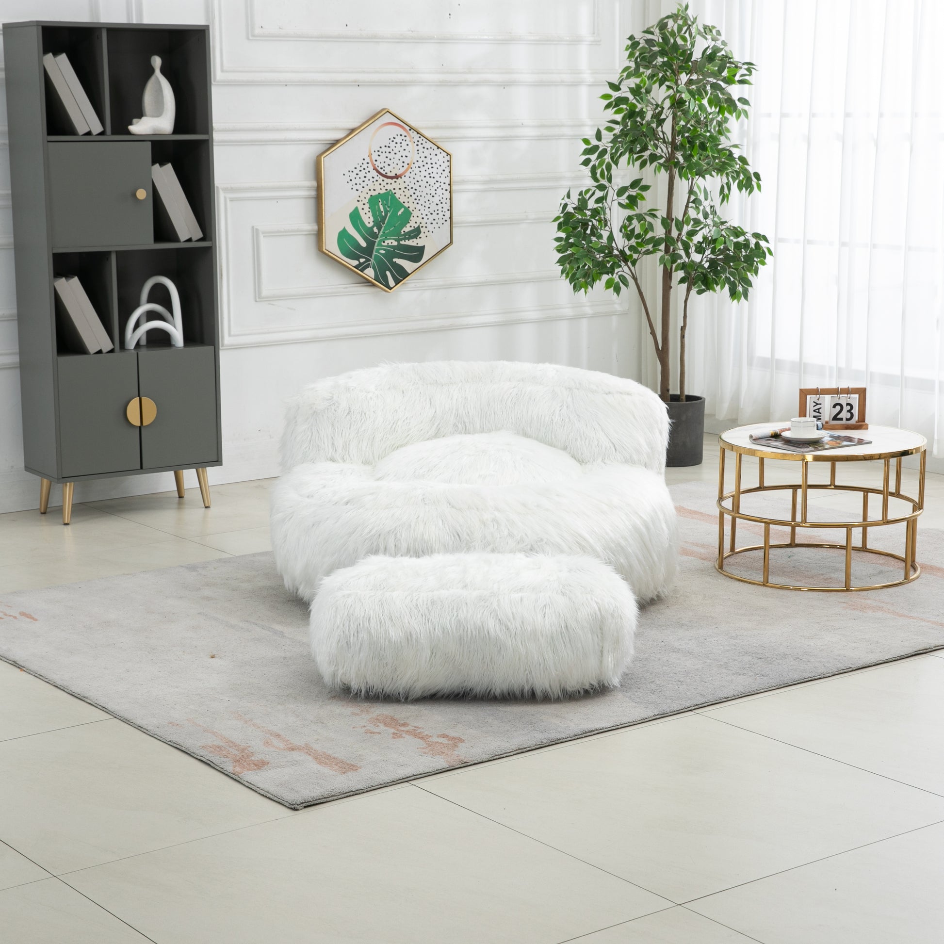 COOLMORE Bean Bag Chair Faux fur Lazy Sofa Footstool white-plush